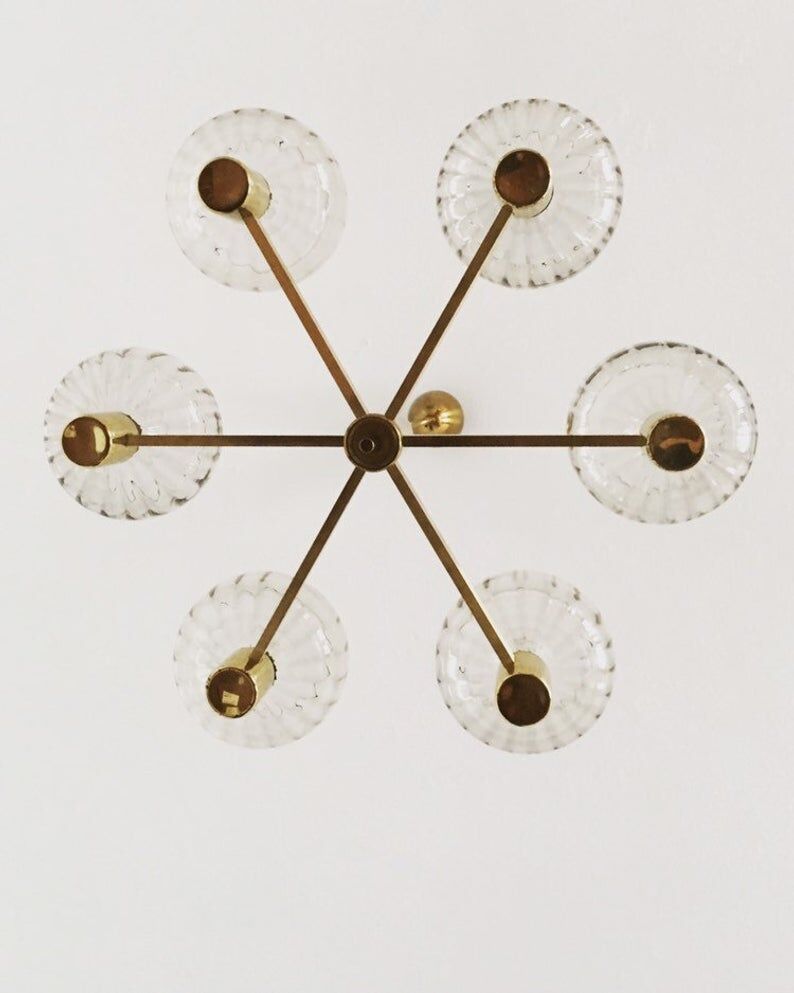 Mid Century Modern brass chandelier with smoked glass shades