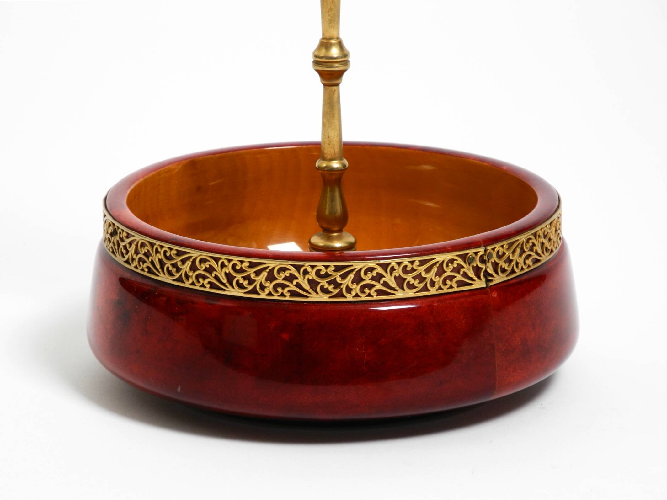 Beautiful 1960s nut bowl by Aldo Tura made of red goatskin and brass