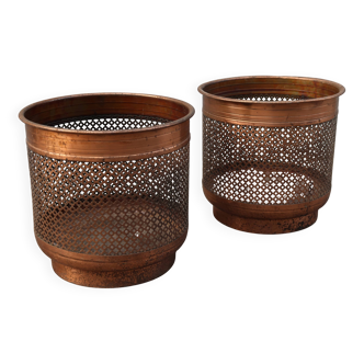 Pair of vintage 70's perforated metal and copper plant pots.