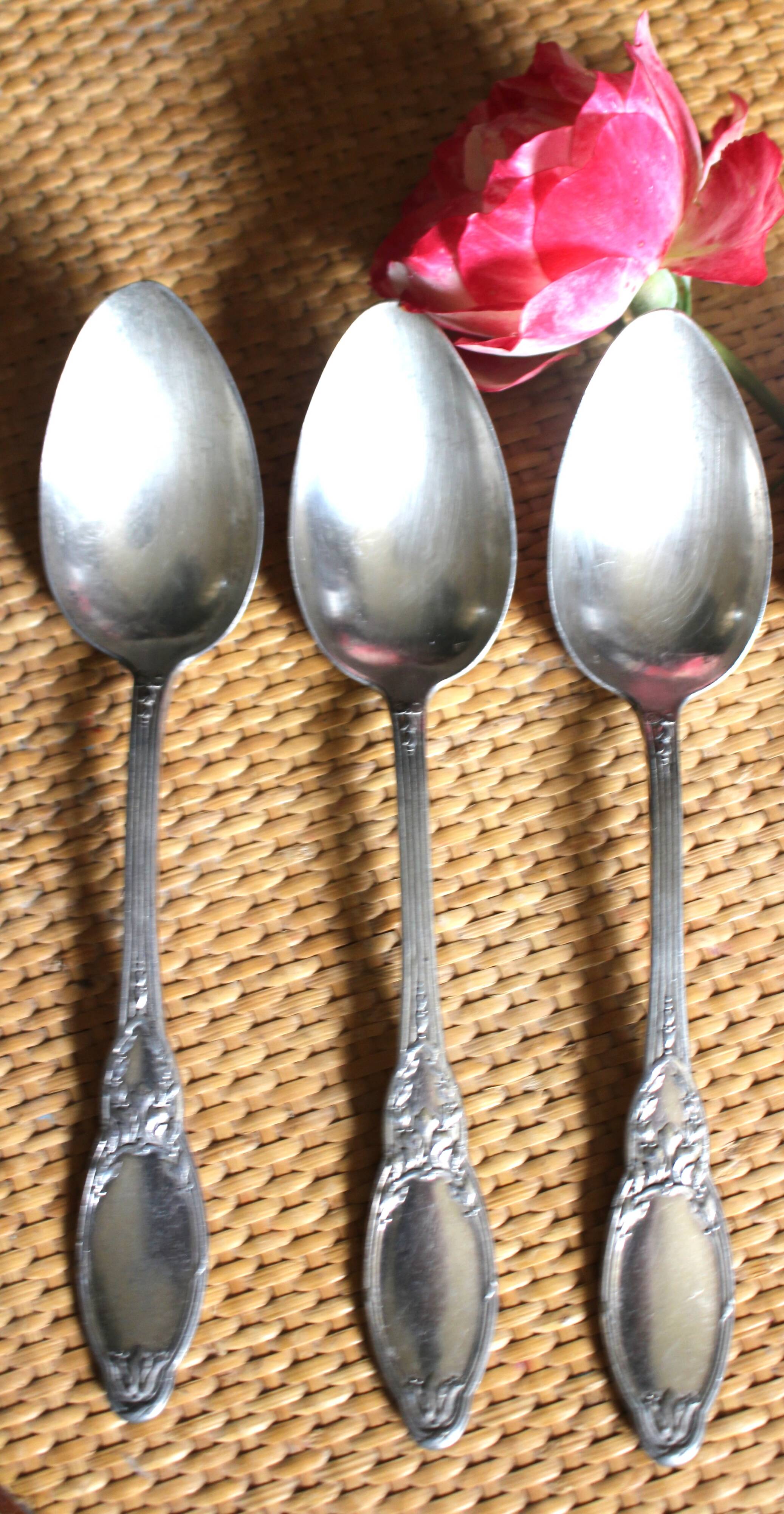 A set of 6 silver-plated metal soup spoons with foliage design.