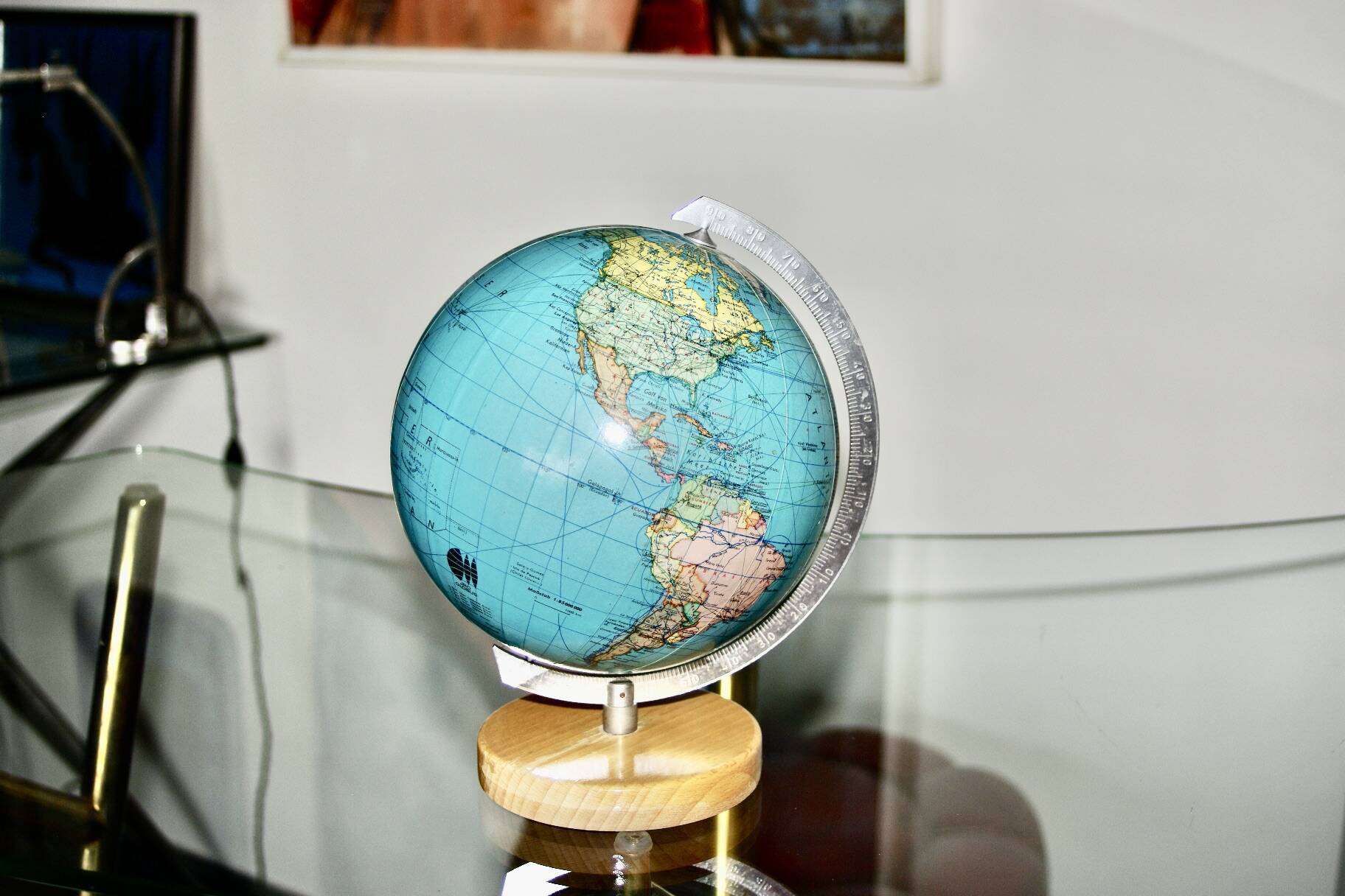 Vintage metal and wood terrestrial globe 1950