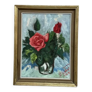 Original Swedish Oil on Canvas– “Still Life with Pink Rose” by Jacques Lalande – Vintage & Framed – 36 × 45 cm (14.1" × 17.7")