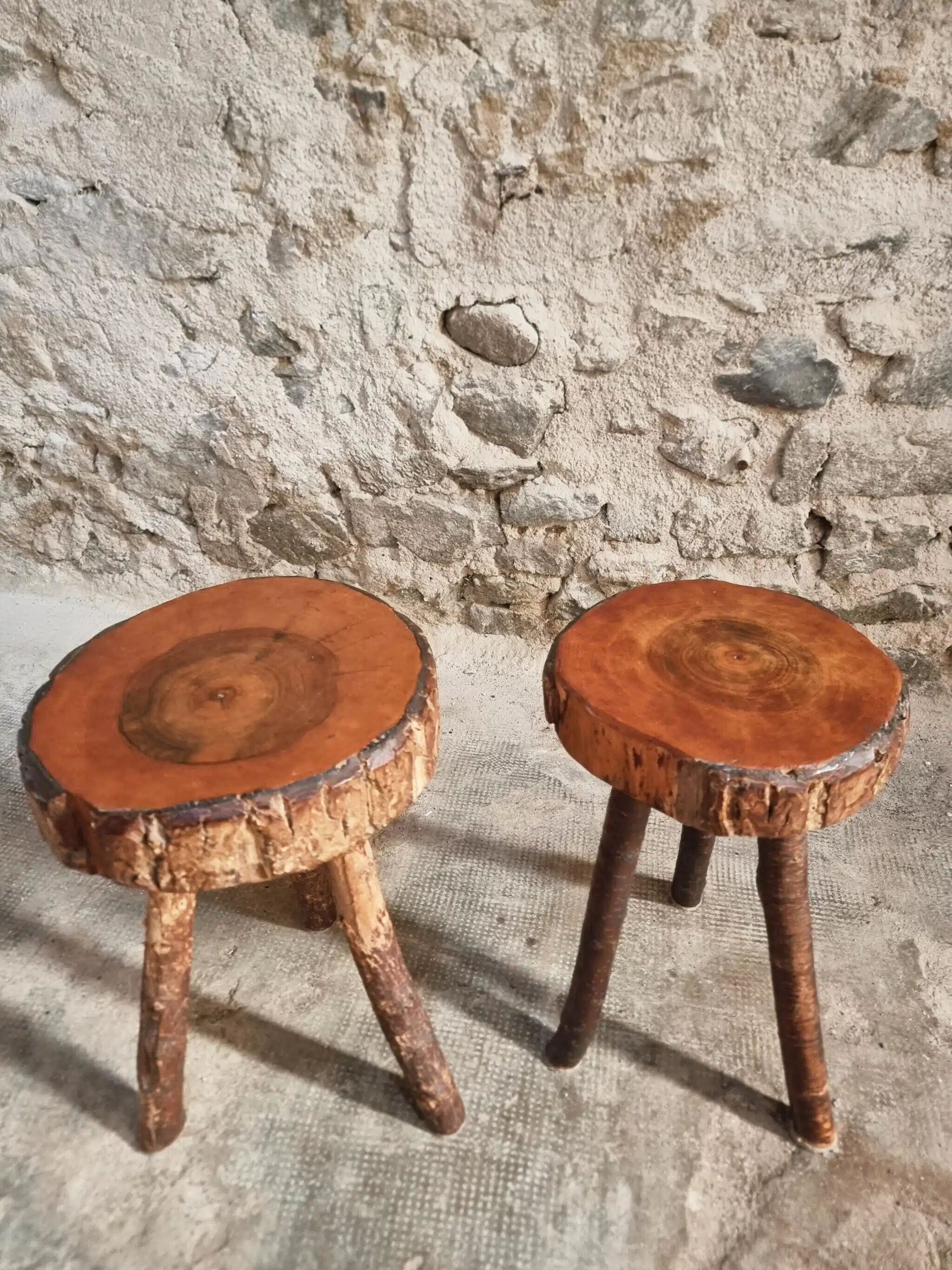 Vintage wooden tripod stools, set of 2, France 1960s