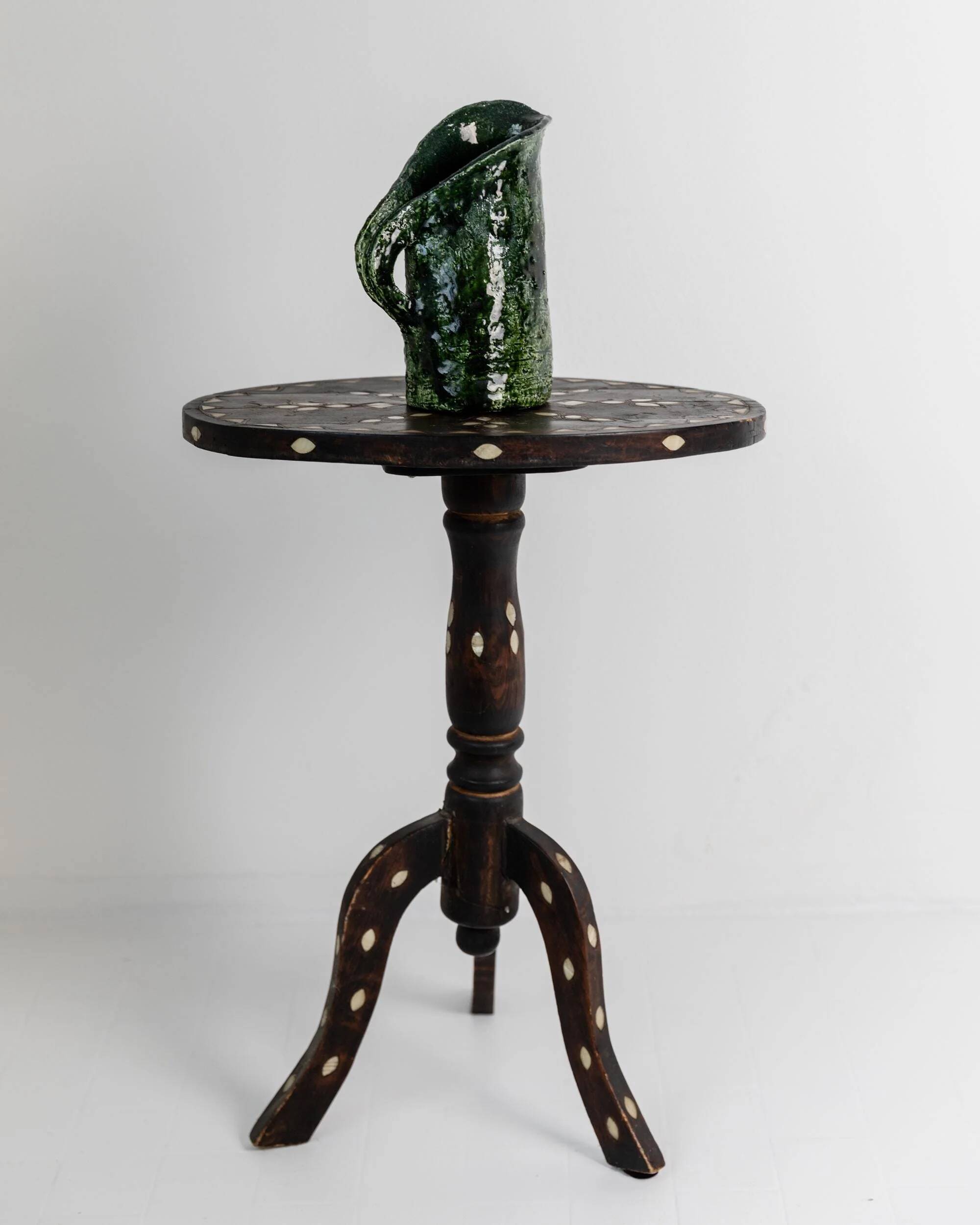 Vintage 1970s studio ceramic vase or pitcher, glazed green.