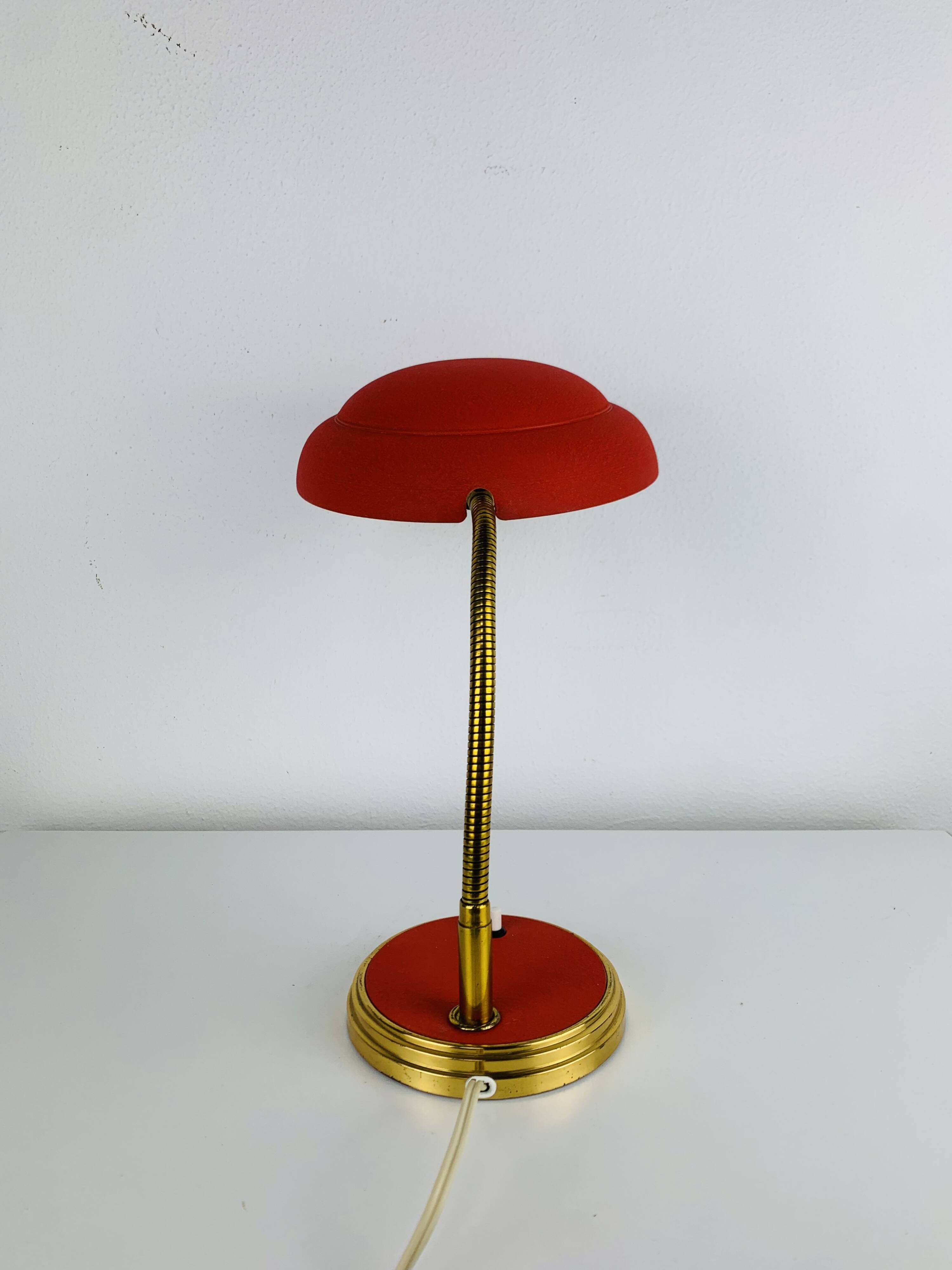 1950s desk lamp, red metal and brass