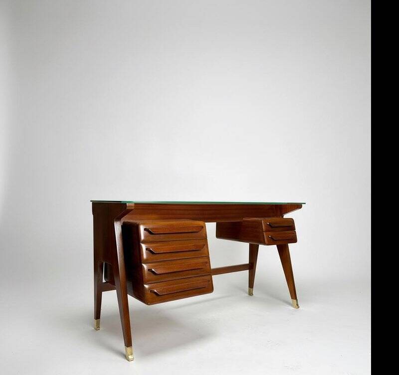 Wood and Brass Desk attributed to Vittorio Dassi, Italy, 1950s