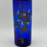 Antique blue glass vase, hand-painted bronze floral decoration / Art Nouveau