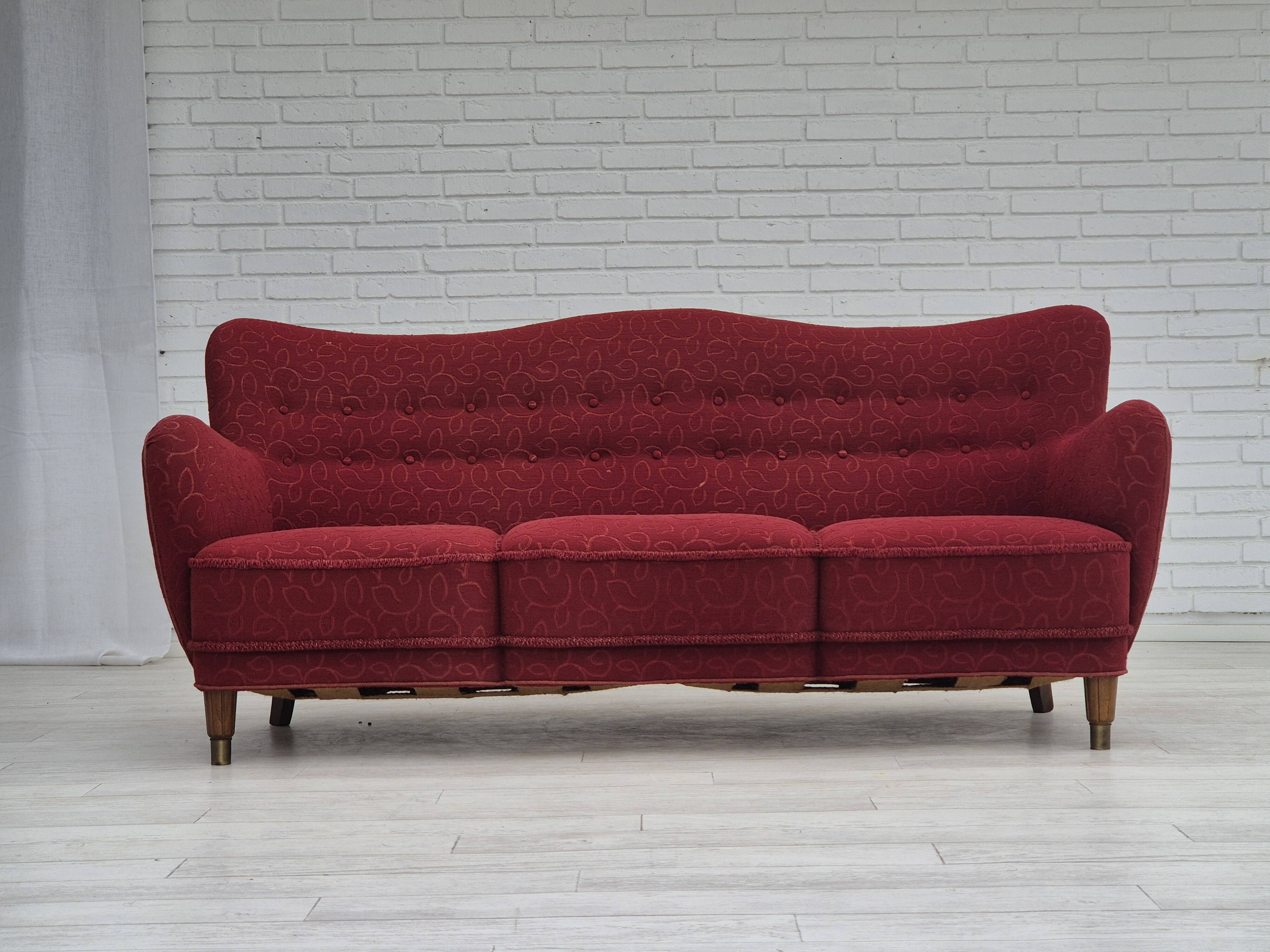 Années 1960, canapé danois 3 places, état d'origine, tissu coton-laine.