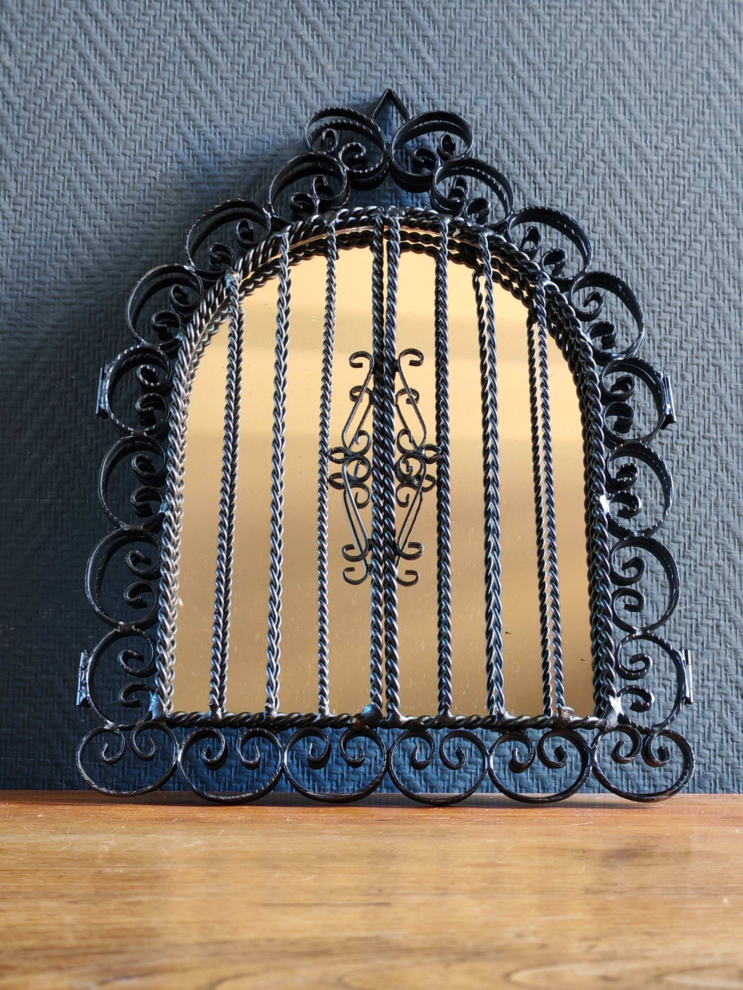 Vintage Black Wrought Iron Triptych Mirror