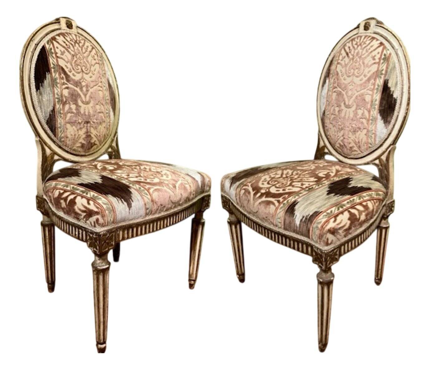 Chairs in Lacquer and Ikat Damask Upholstery, Set of 2