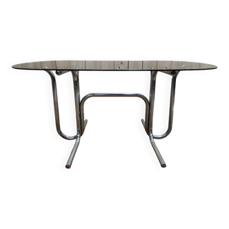 Tubular chrome and smoked glass dining table, 1970