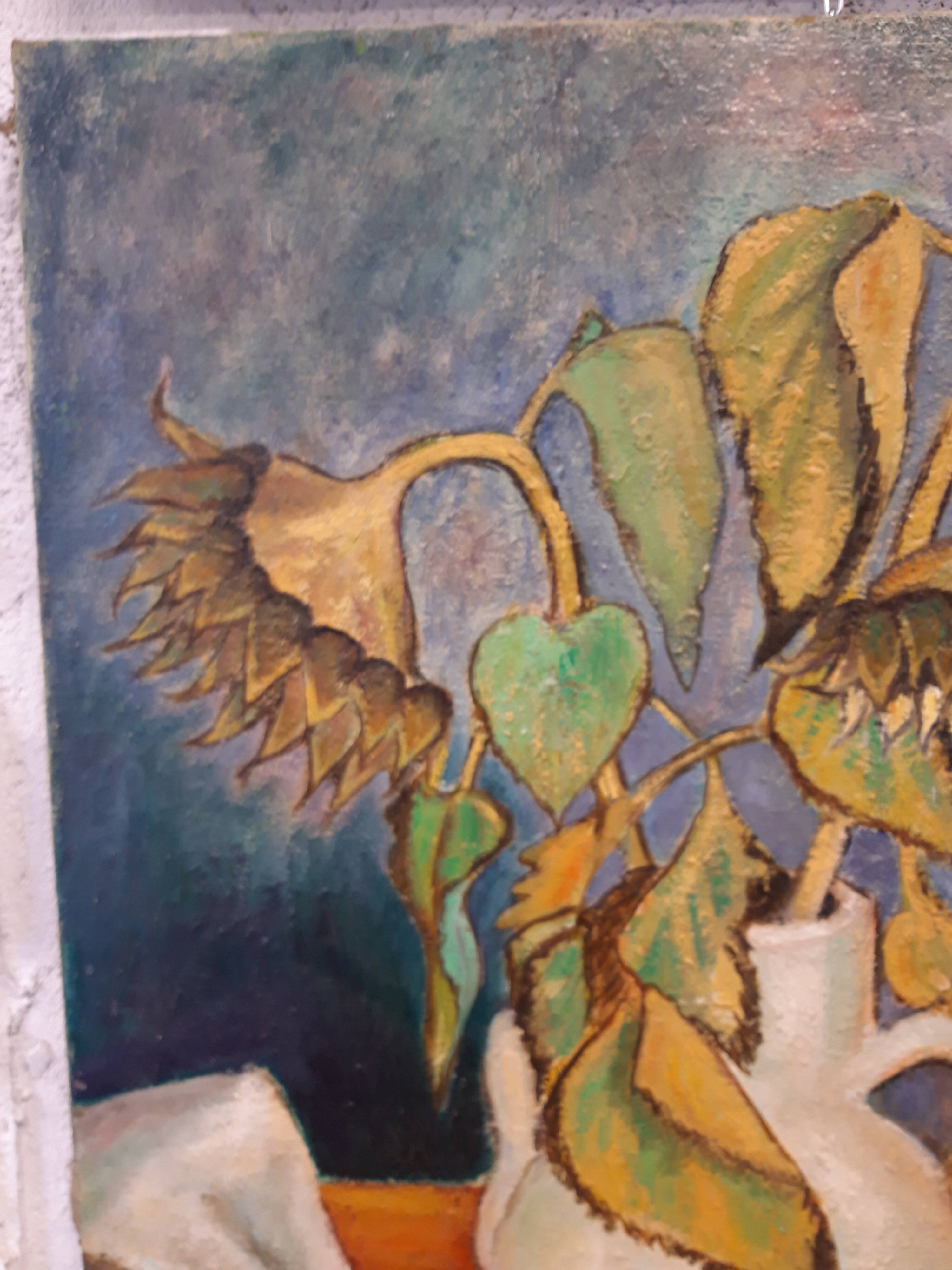 Oil on canvas, faded sunflowers