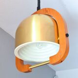 Lustre à hauteur réglable en laiton et en chêne du milieu du siècle dernier 70s