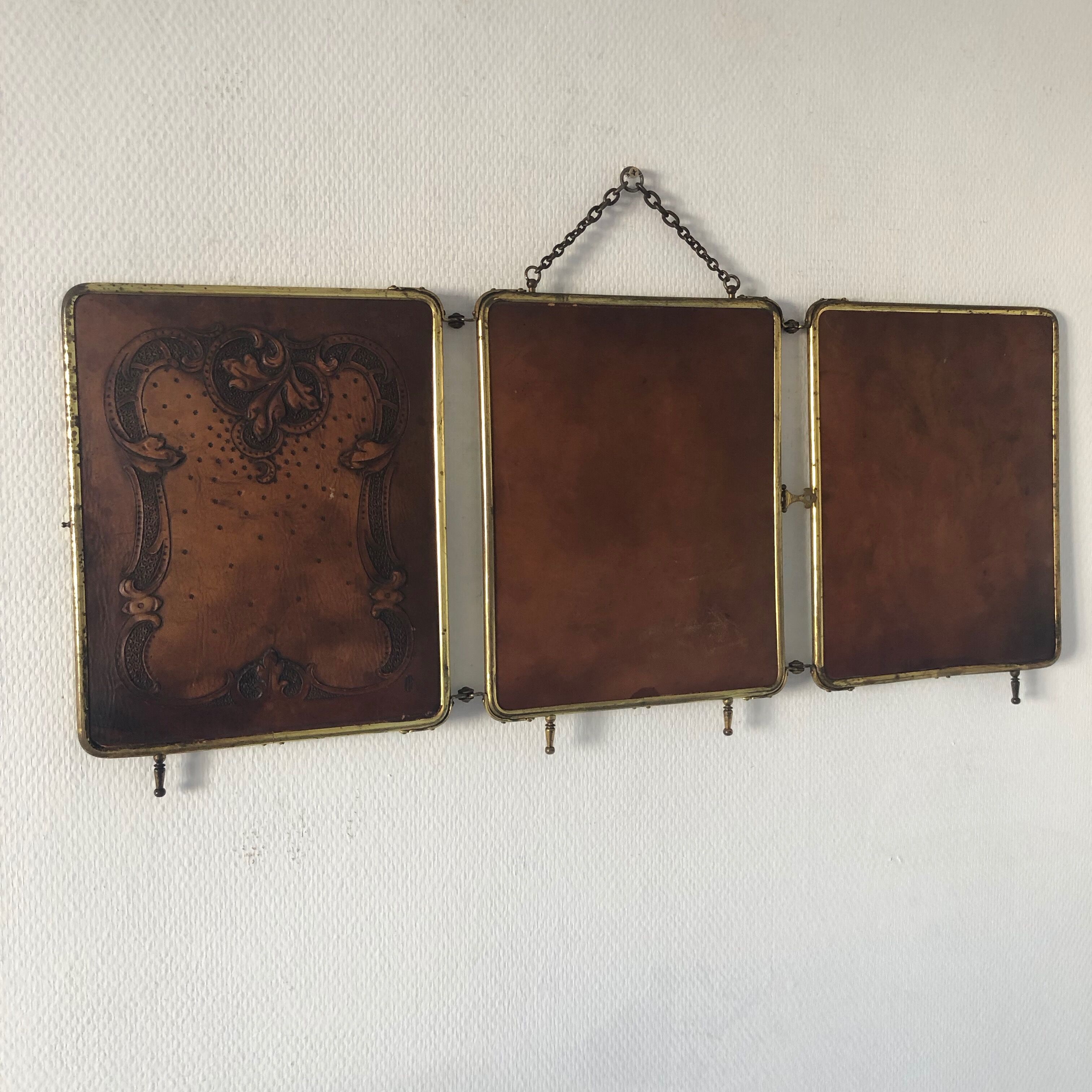 Mirror triptych barber gilded vintage leather 1930 - 33 x 79cm