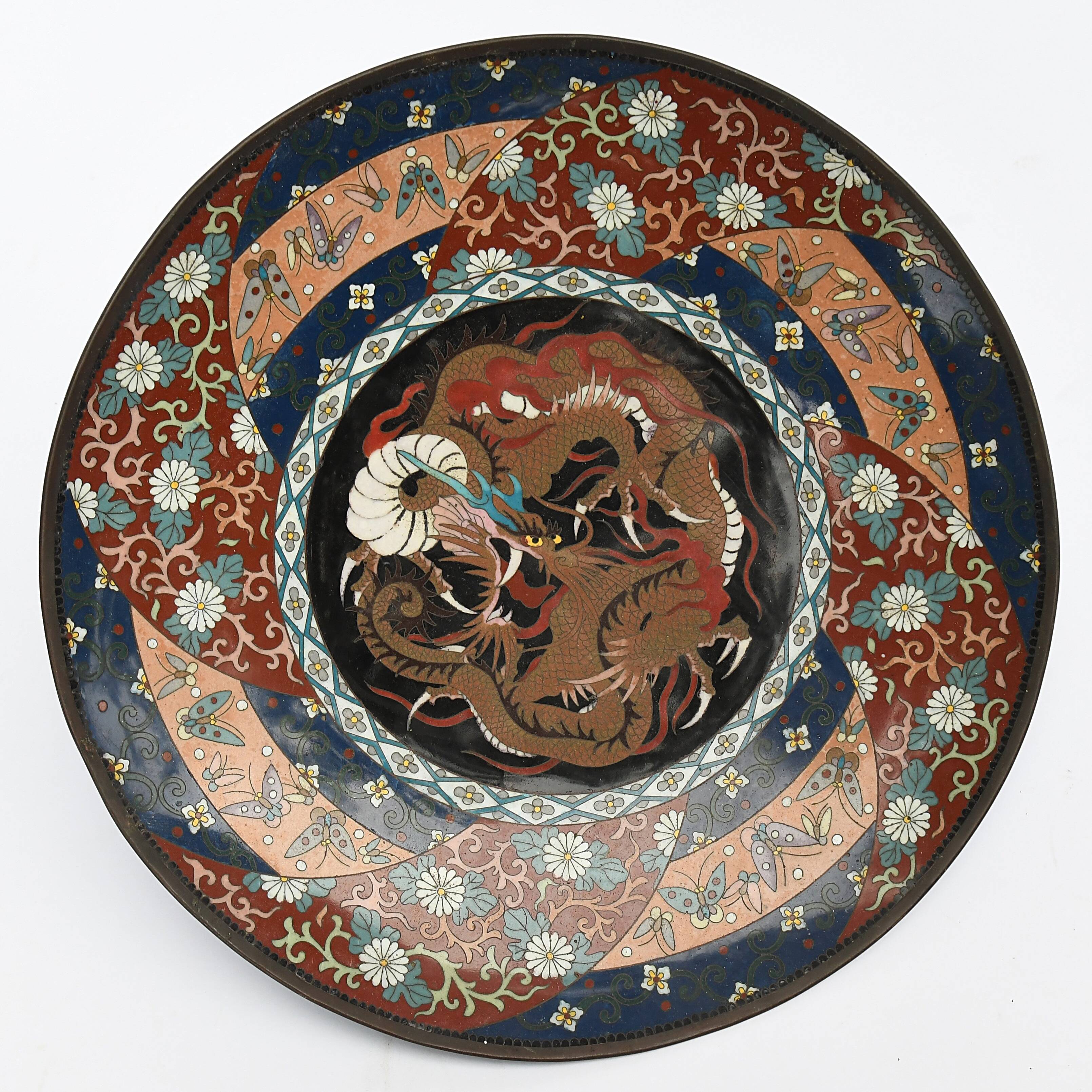 Cloisonné enamel dish decorated with a dragon in the center