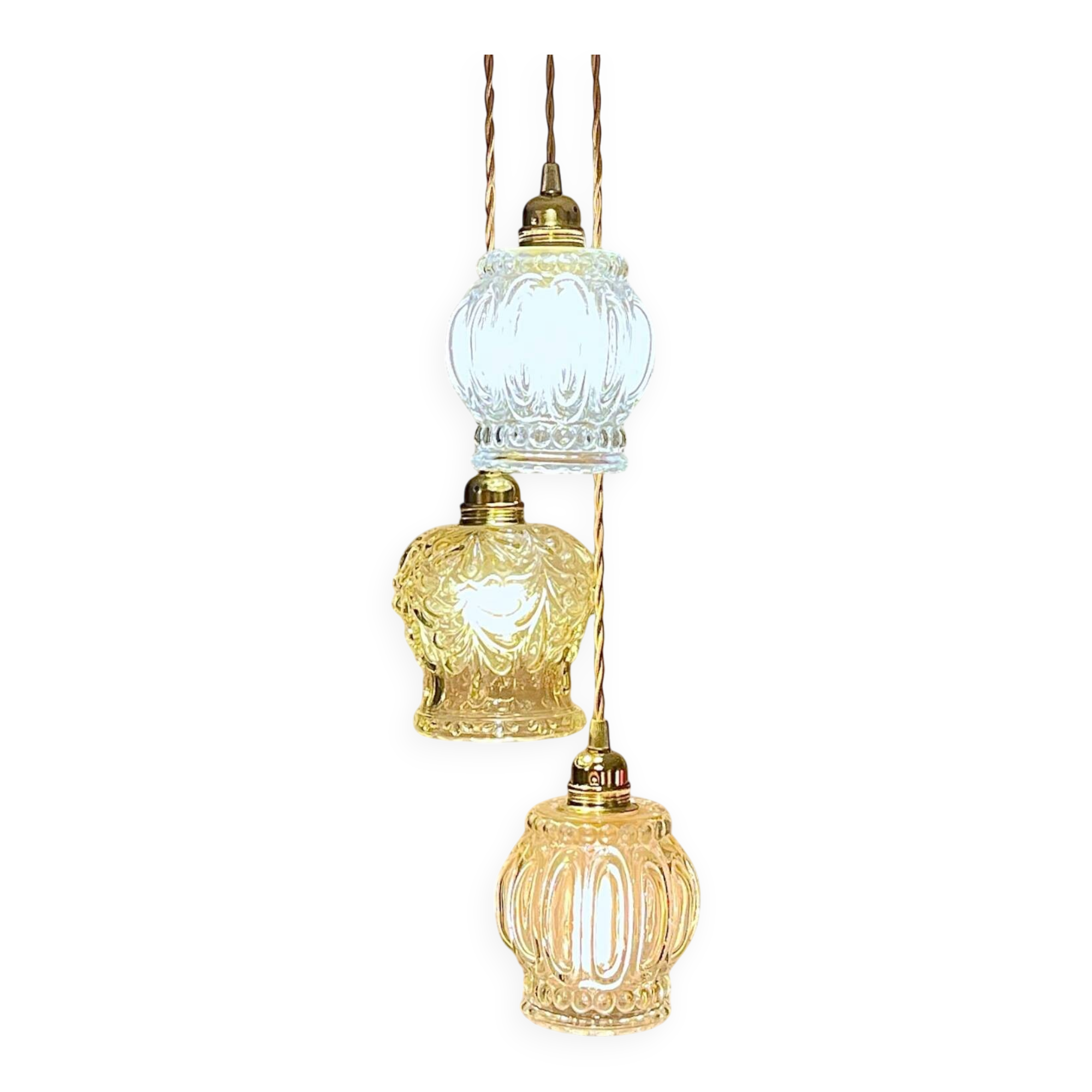 Cascade pendant light with 3 molded glass globes in vintage arabesque amber glass