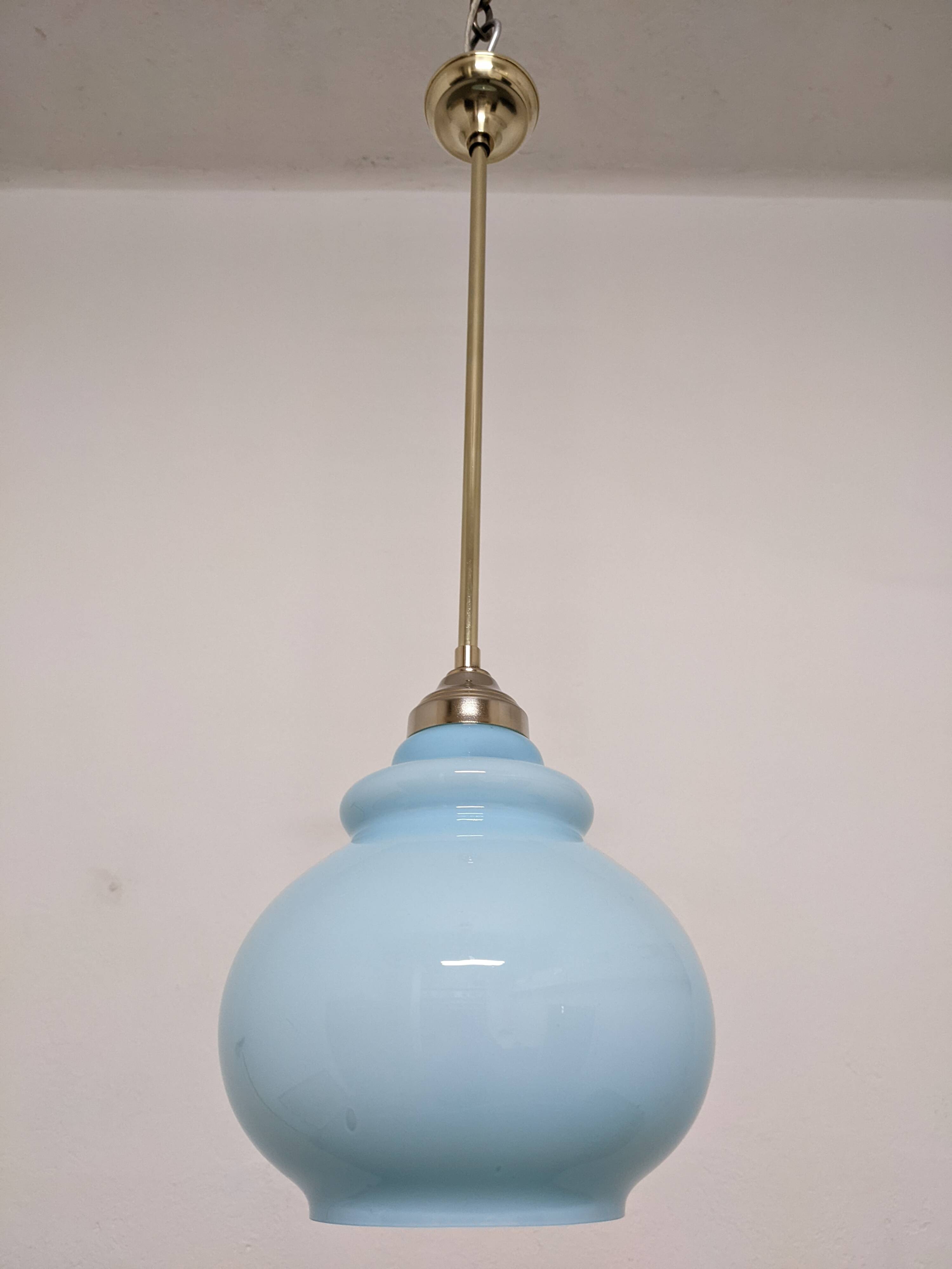 Art Deco style pendant lamp in brass and blue opaline