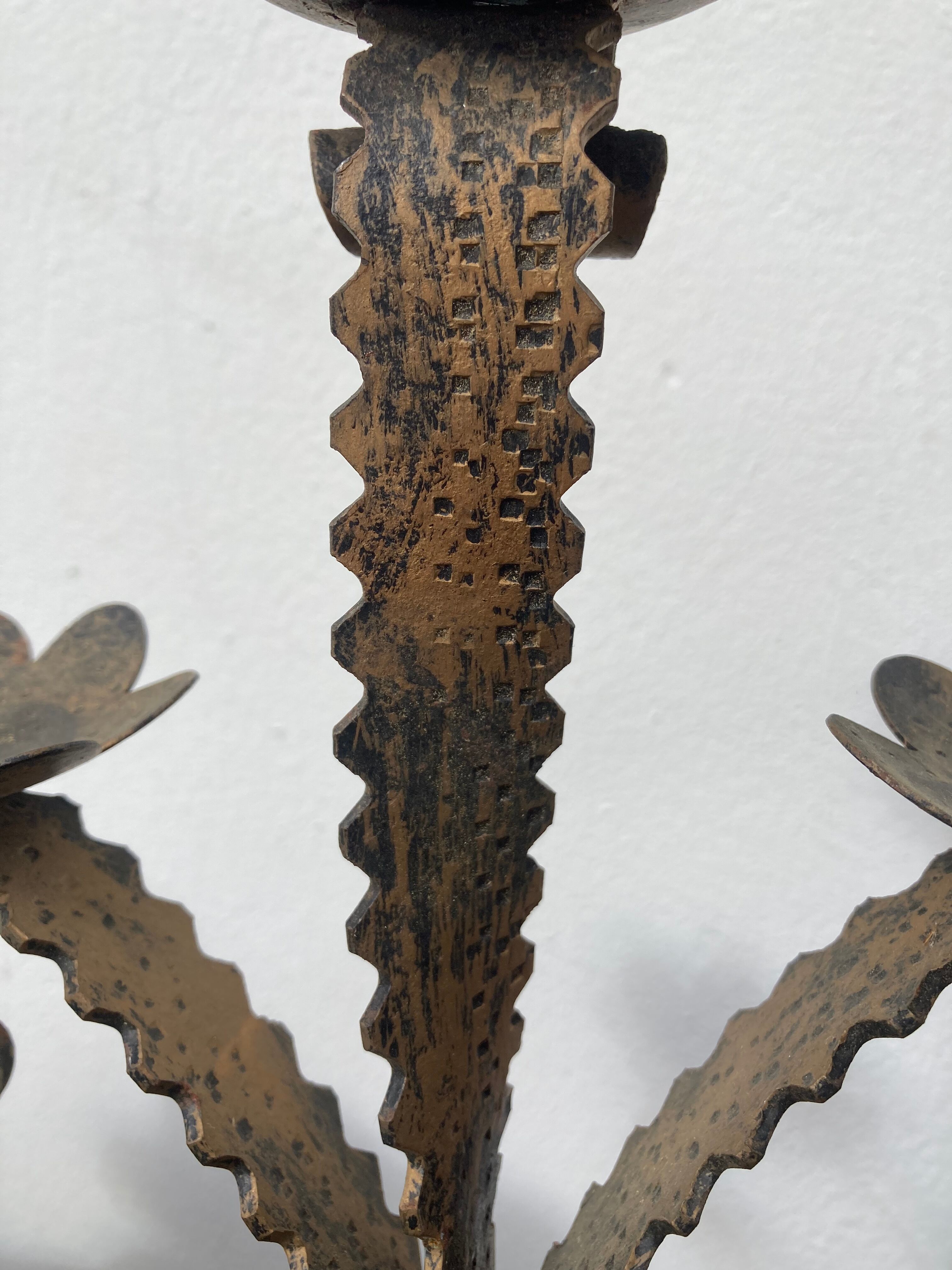 Brutalist candle holder folk art - wrought iron candlestick