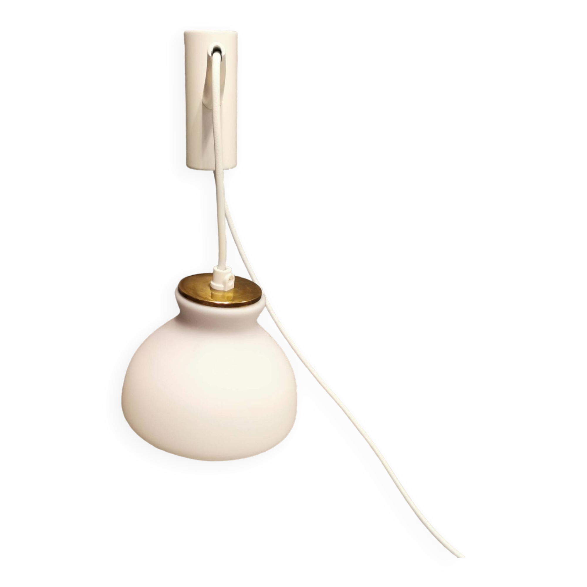 Milky white Holmegaard wall lamp with glass shade and a brass detail on top. Wooden wall bracket