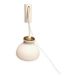 Milky white Holmegaard wall lamp with glass shade and a brass detail on top. Wooden wall bracket