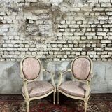 Pair of louis xvi style cream lacquered wood medallion back armchairs