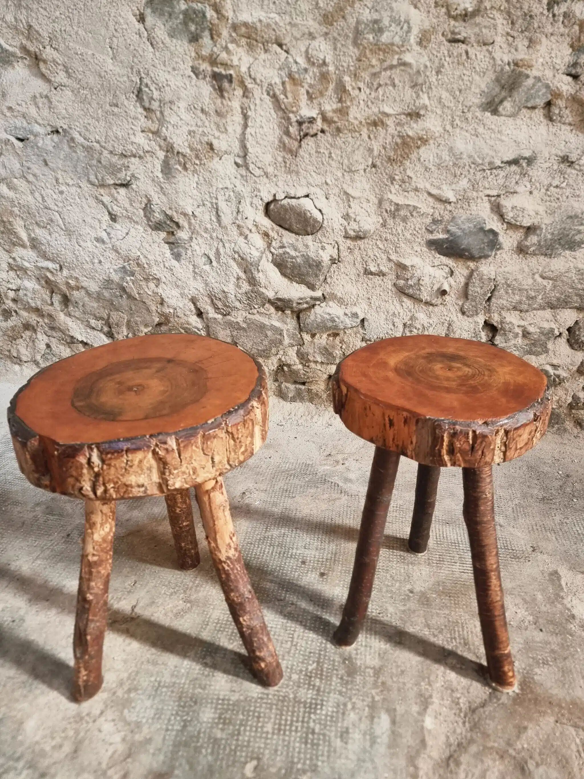 Vintage wooden tripod stools, set of 2, France 1960s