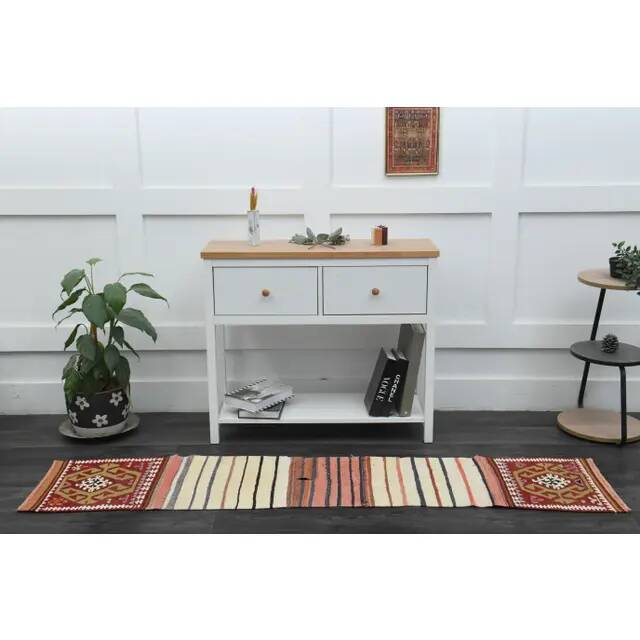 1970s Vintage Turkish Handmade Wool & Cotton White Runner Rug 47x222