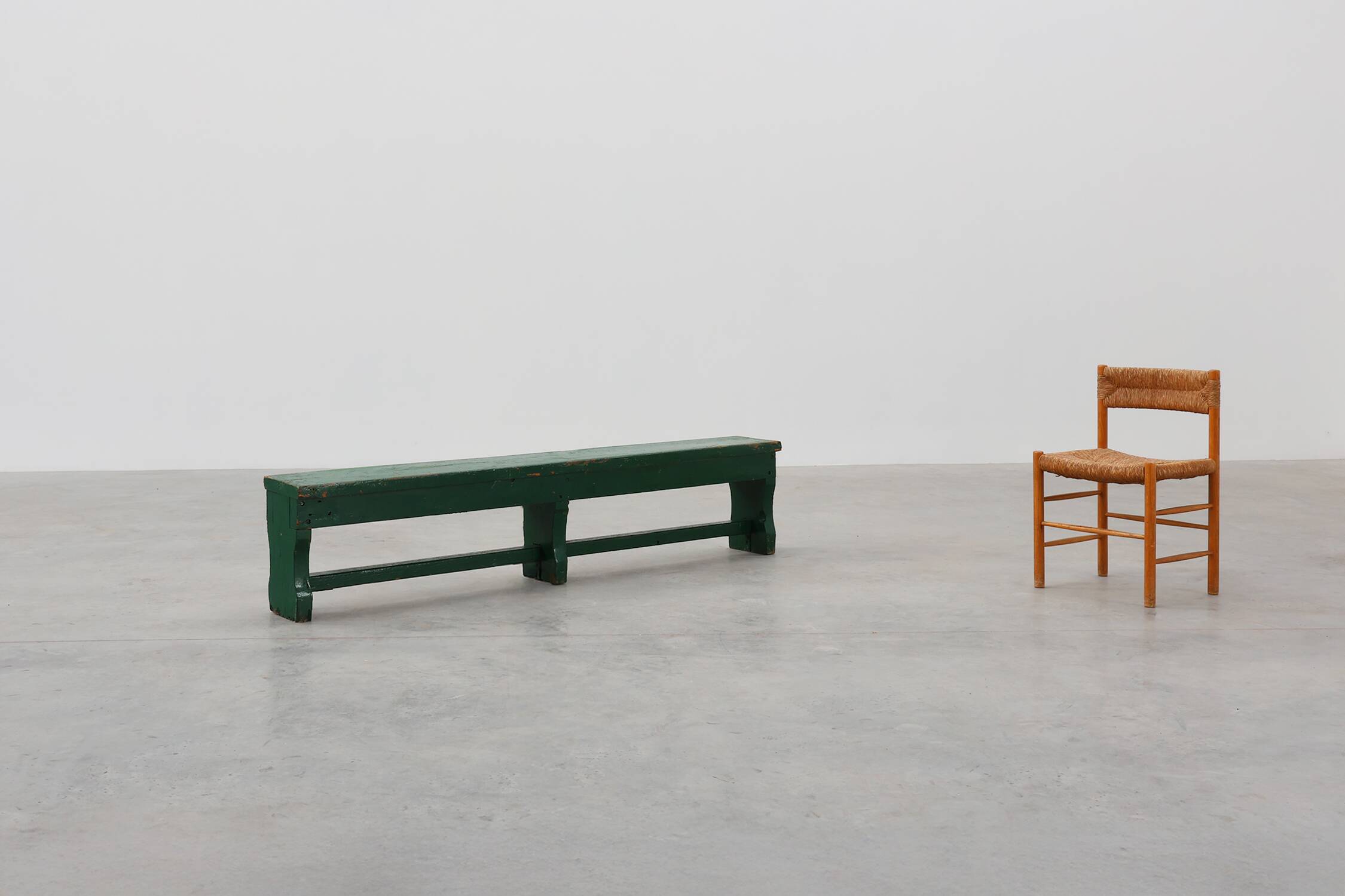 Rustic primitive green farmhouse bench in solid oak, France ca. 1900