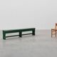 Rustic primitive green farmhouse bench in solid oak, France ca. 1900