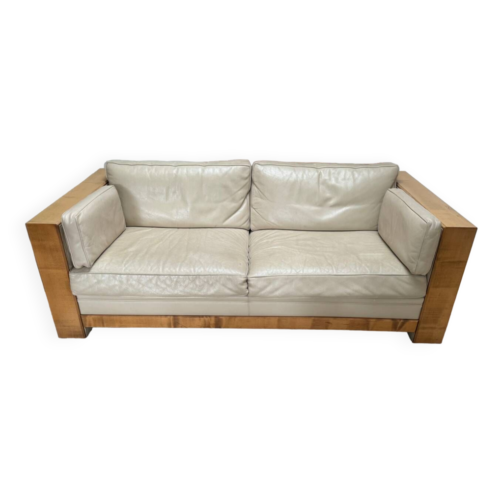 Ensemble Canapé Et 2 Fauteuils Hugues Chevalier - Bois Et Cuir Jaune - Occasion