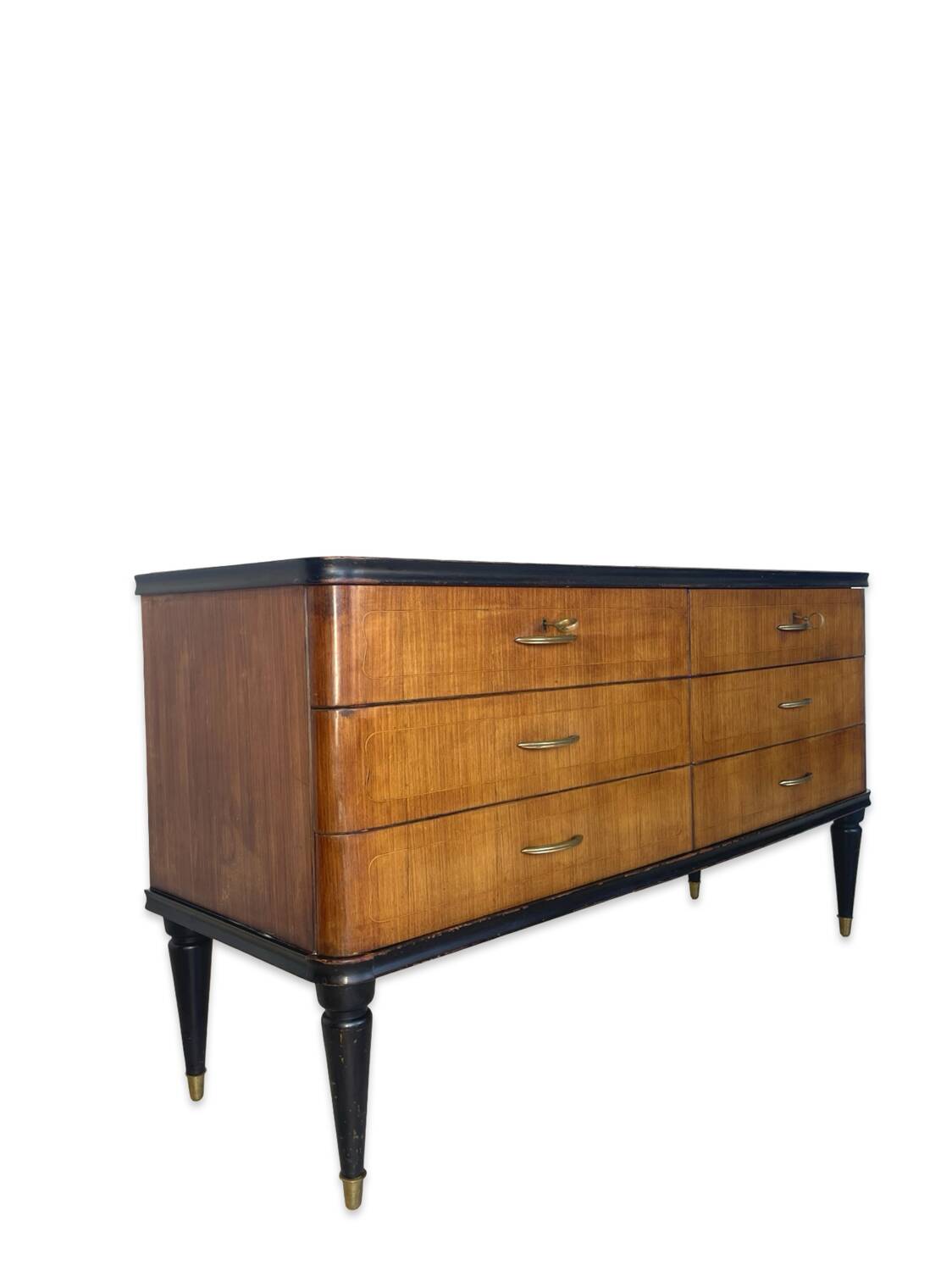 Commode en acajou plaqué avec plateau en verre vert, années 1950