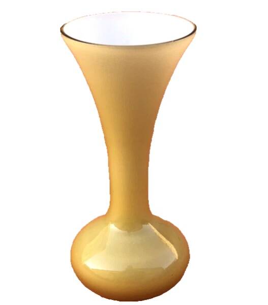 Single flower vase in Murano style, amber glass with a white milk interior.
