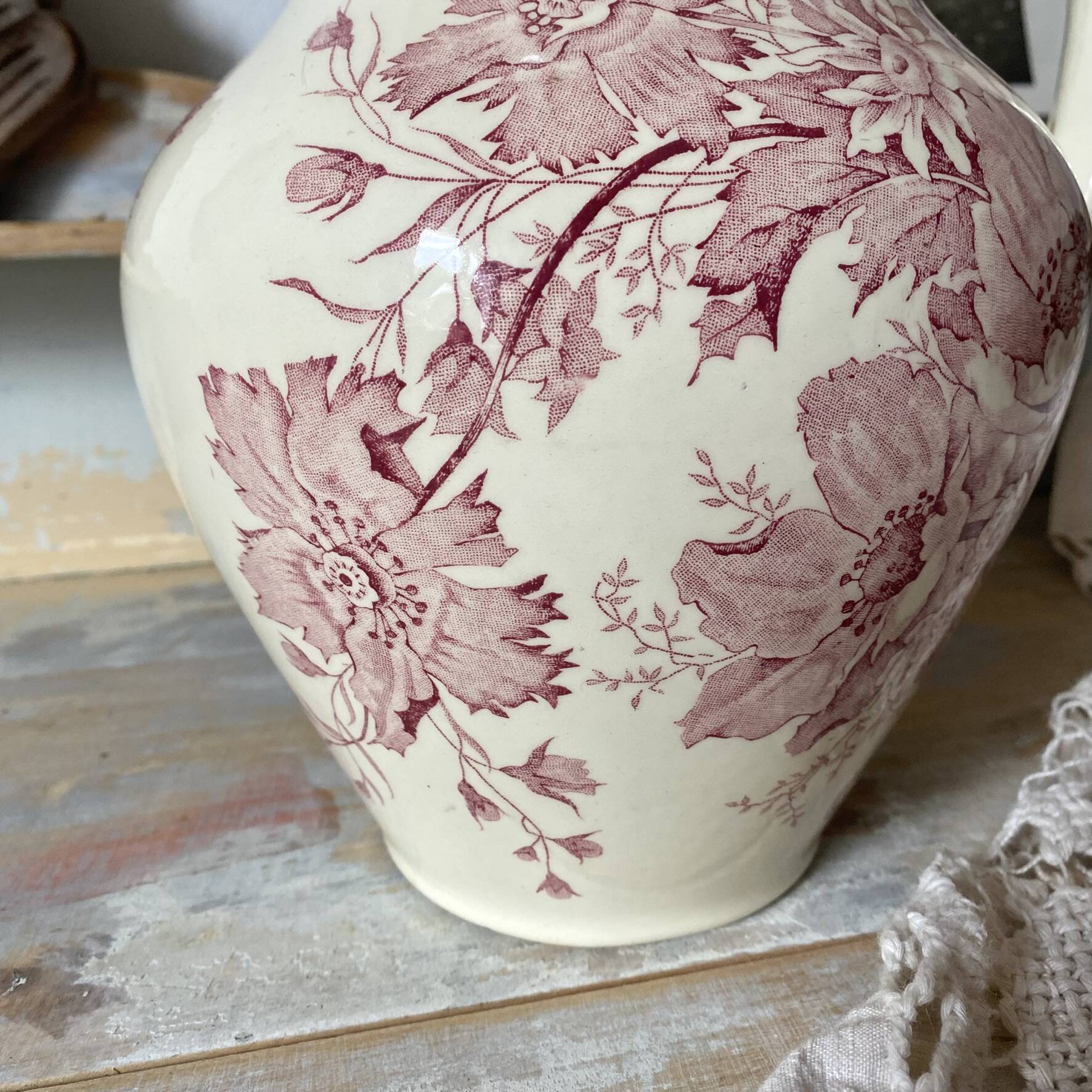 Large ironstone jug St Amand Anemone, antique pitcher