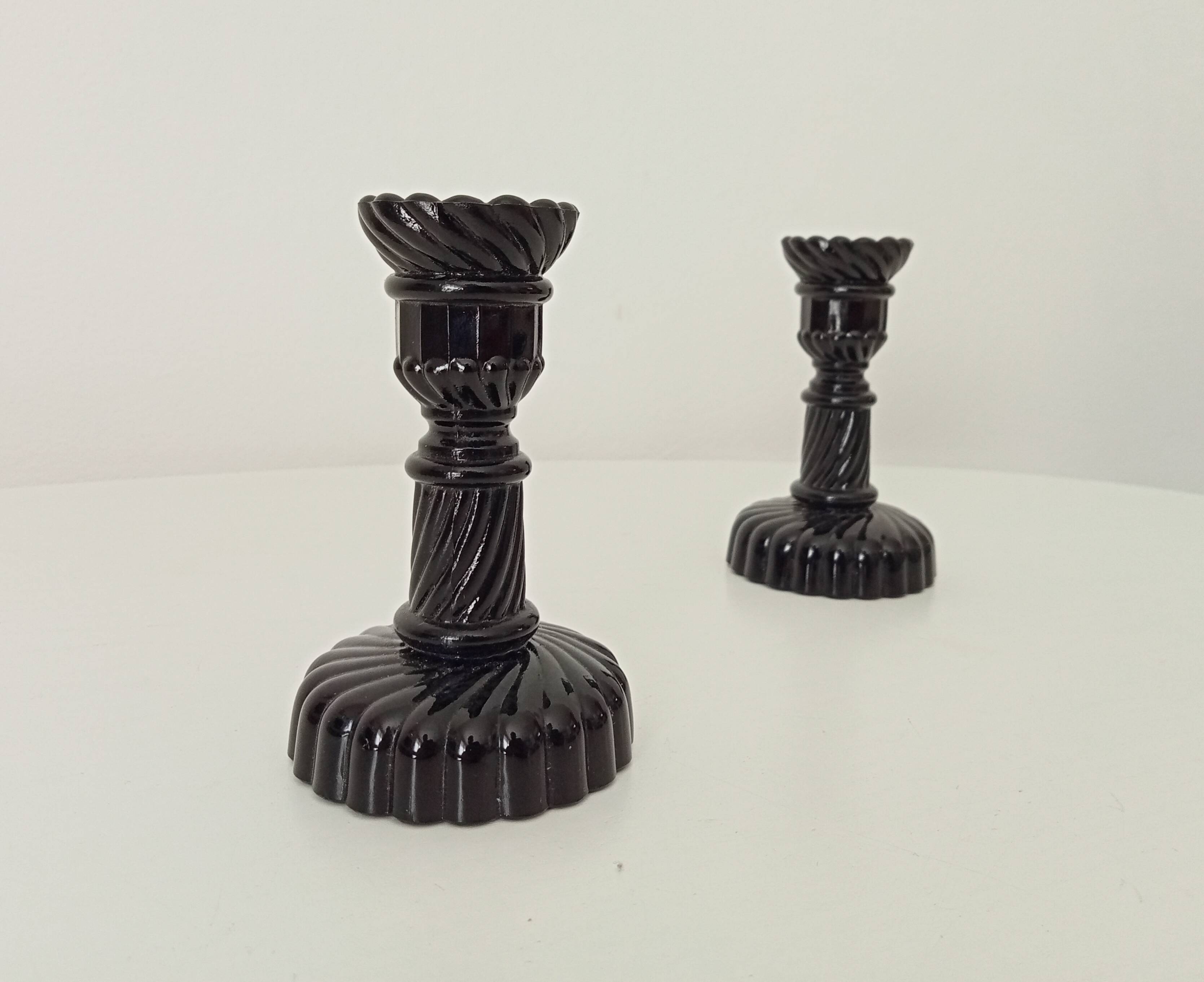Pair of vintage 60s candlesticks in black opaline