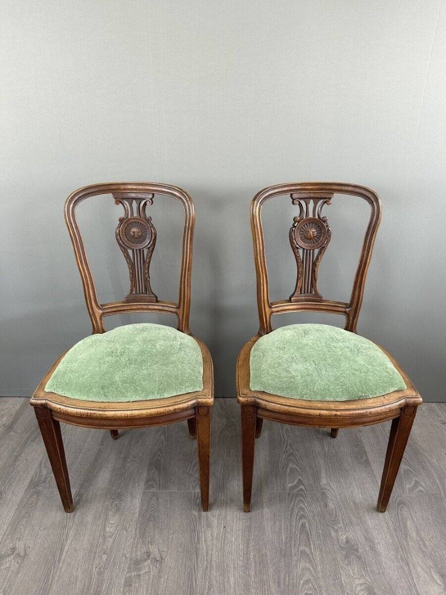8 Vintage Wooden Chairs With Green Velvet Seat 20th Century