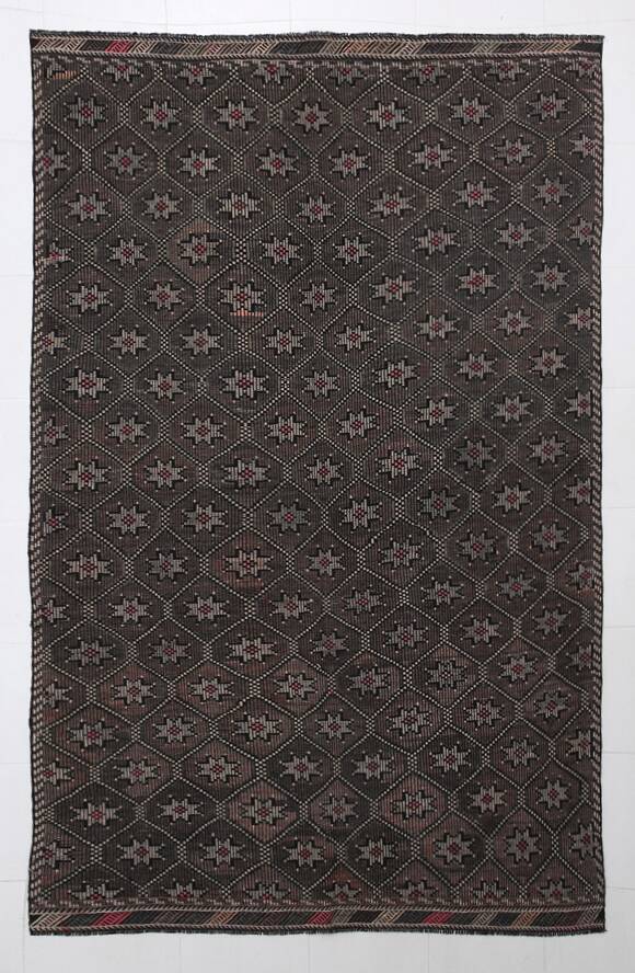 Tapis Kilim Vintage Noir et Brun à Motifs Géométriques, 183x297 Cm