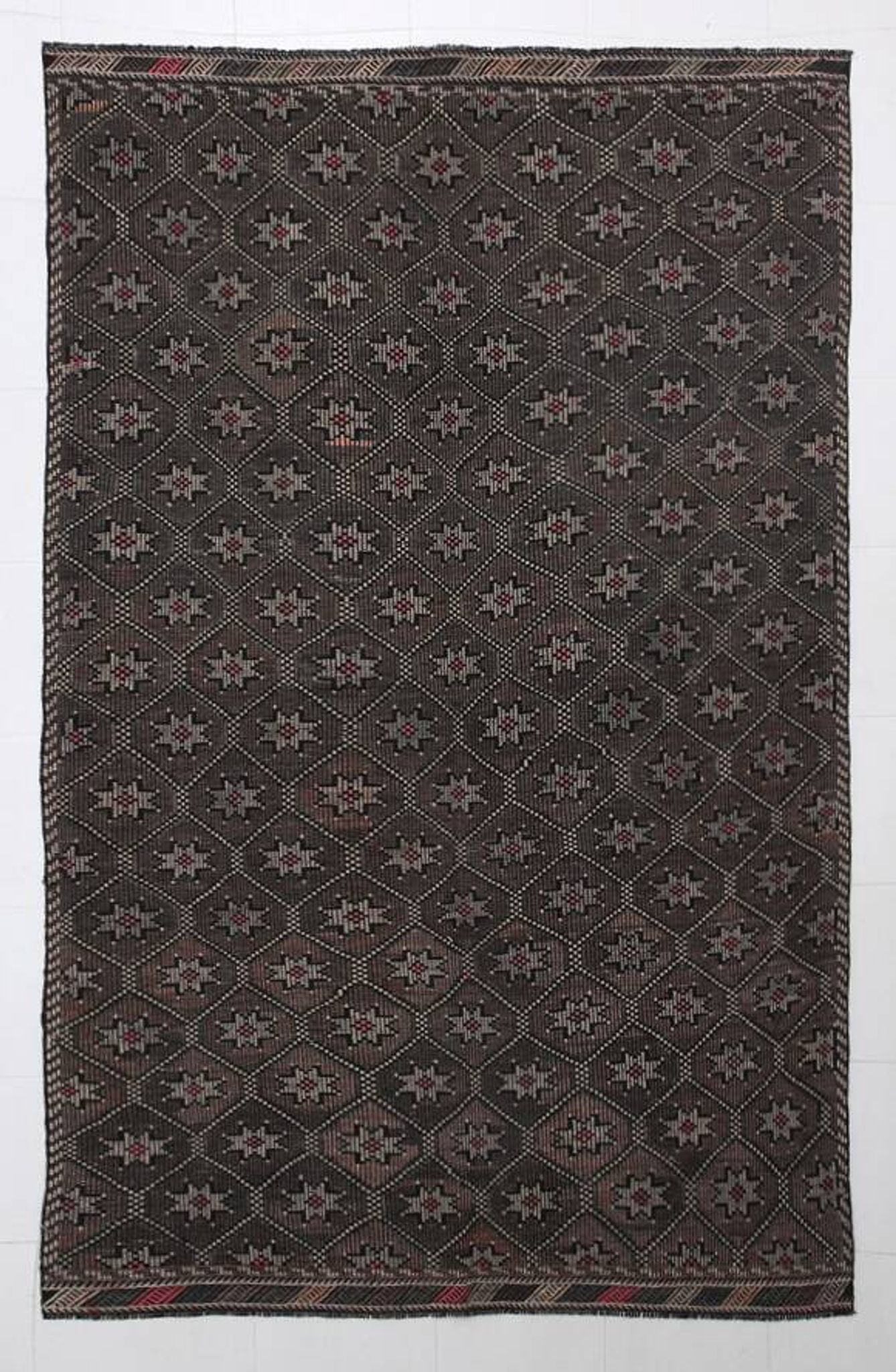 Tapis Kilim Vintage Noir et Brun à Motifs Géométriques, 183x297 Cm
