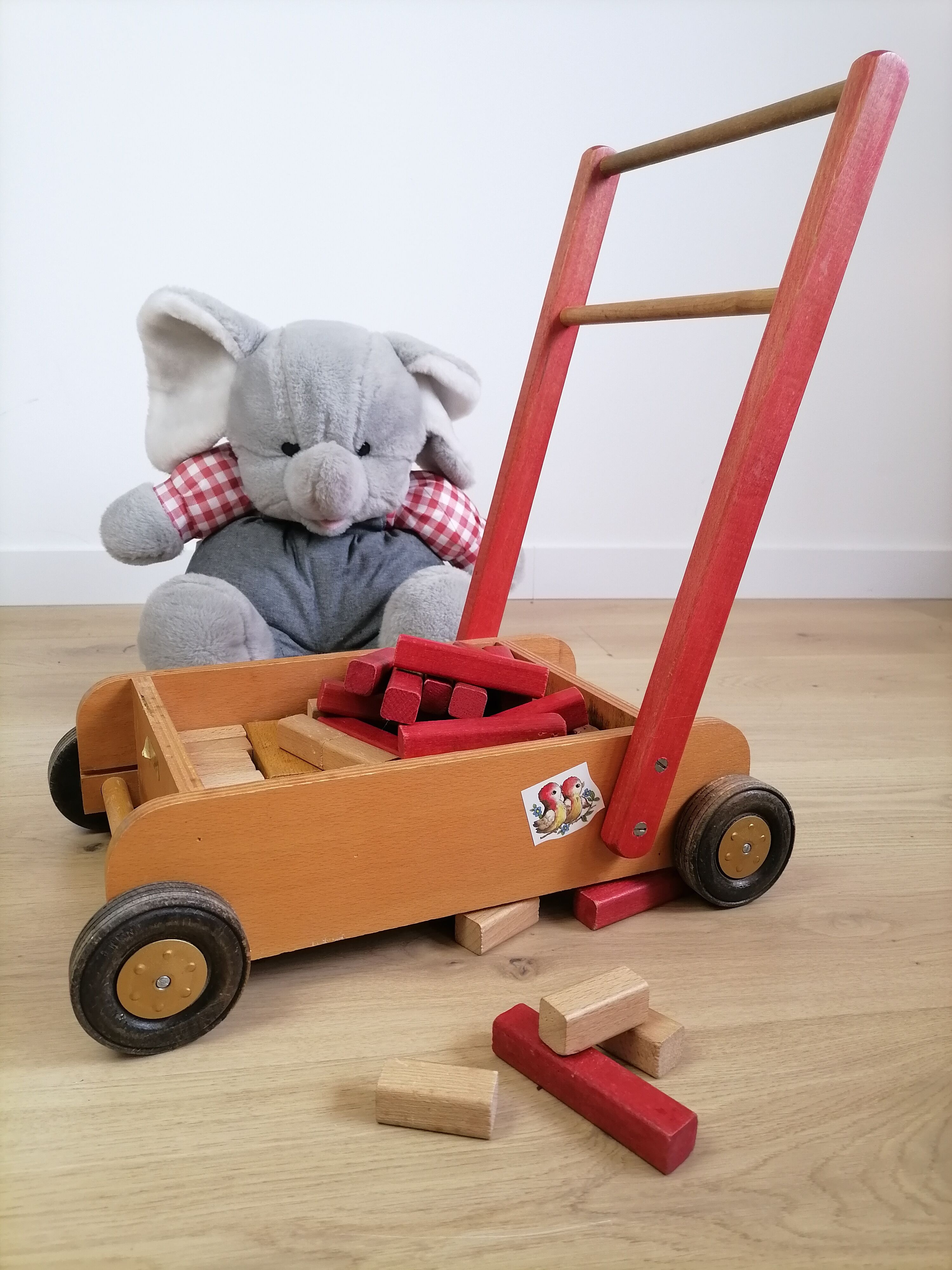 Walking trolley with wooden toy tray
