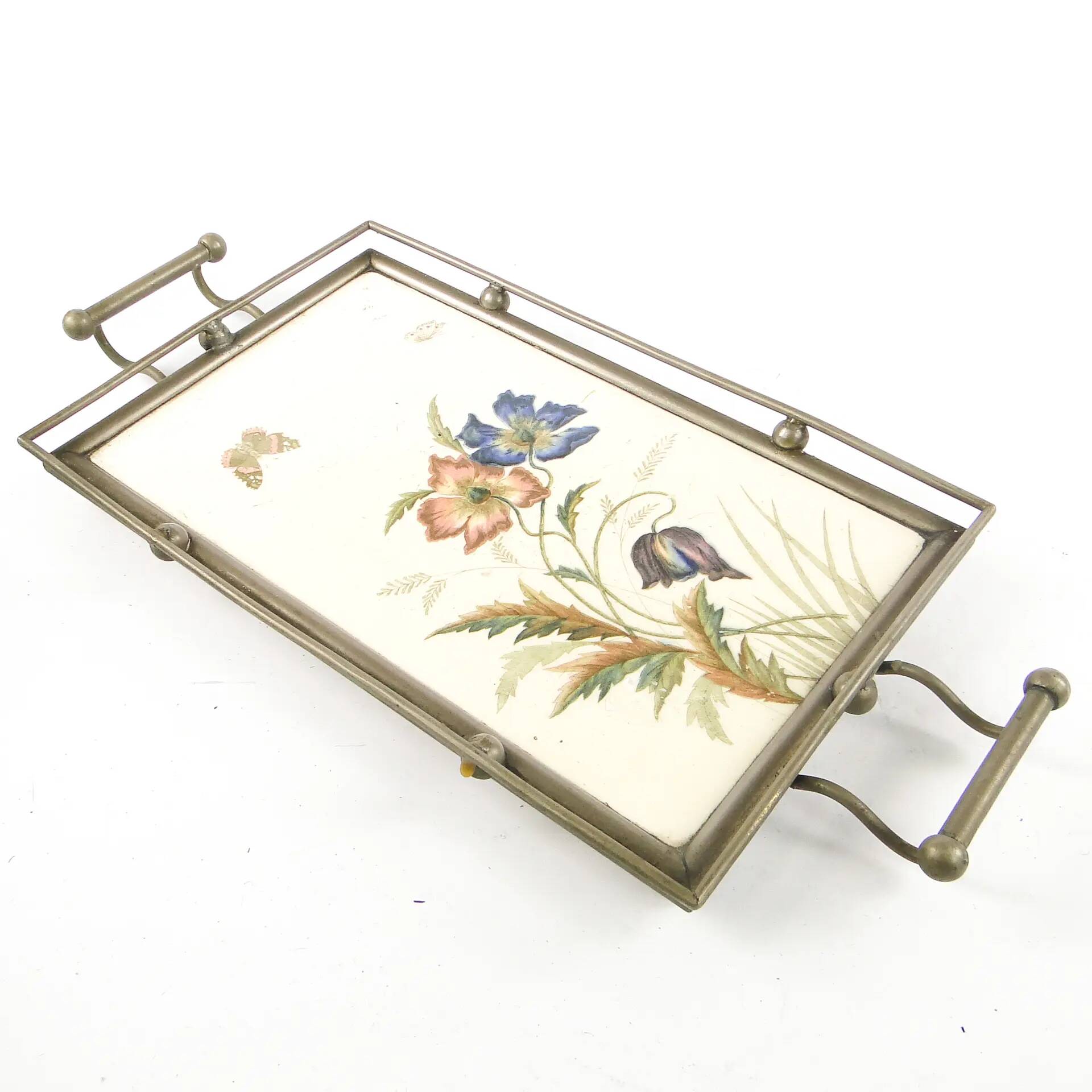 Art Nouveau tray, silver-plated brass, white porcelain, Austria, early 20th century