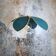 Flower suspension with metal structure and peacock blue linen petals