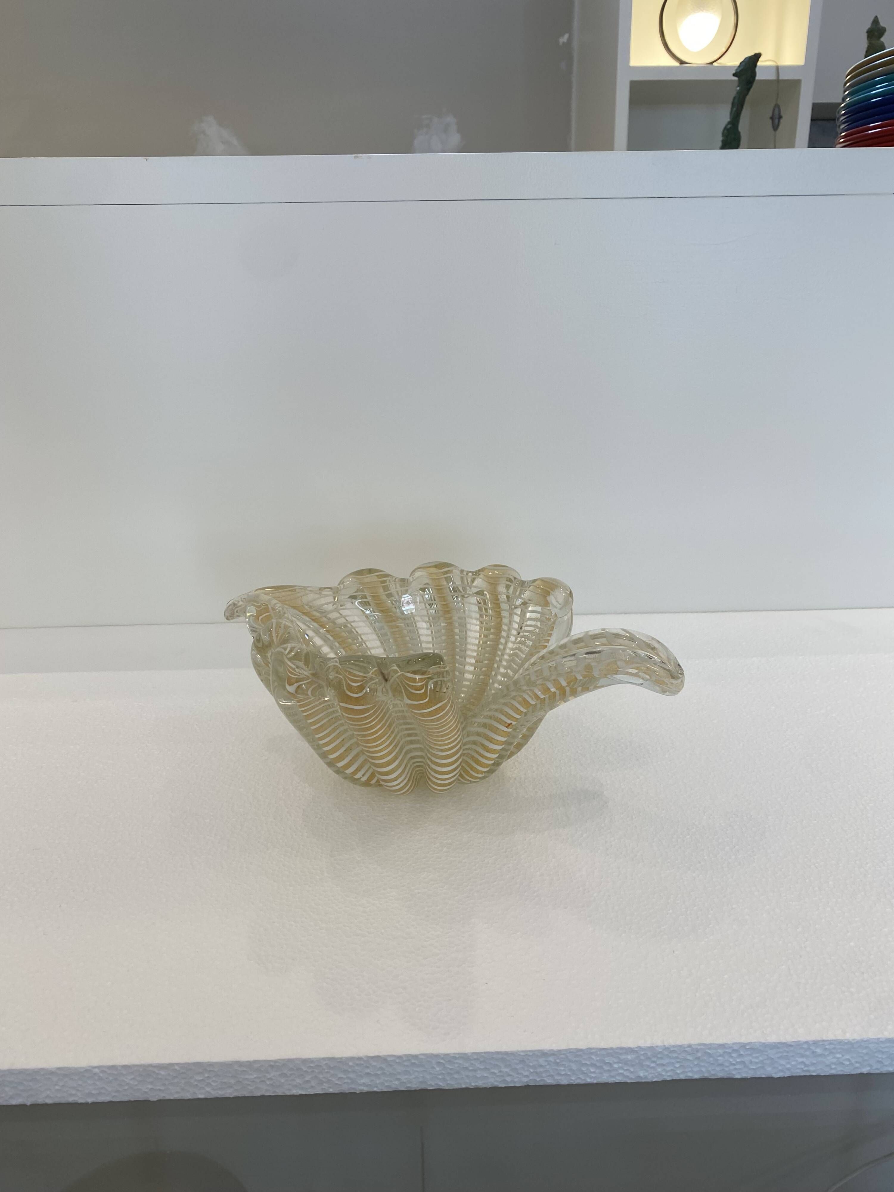 Murano Barovier 'Zebrati' Decor Glass Shell Bowl Hollywood Regency, 1960s
