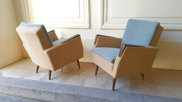 Paire de fauteuils club cubique bi color années 50 60 vintage Originaux