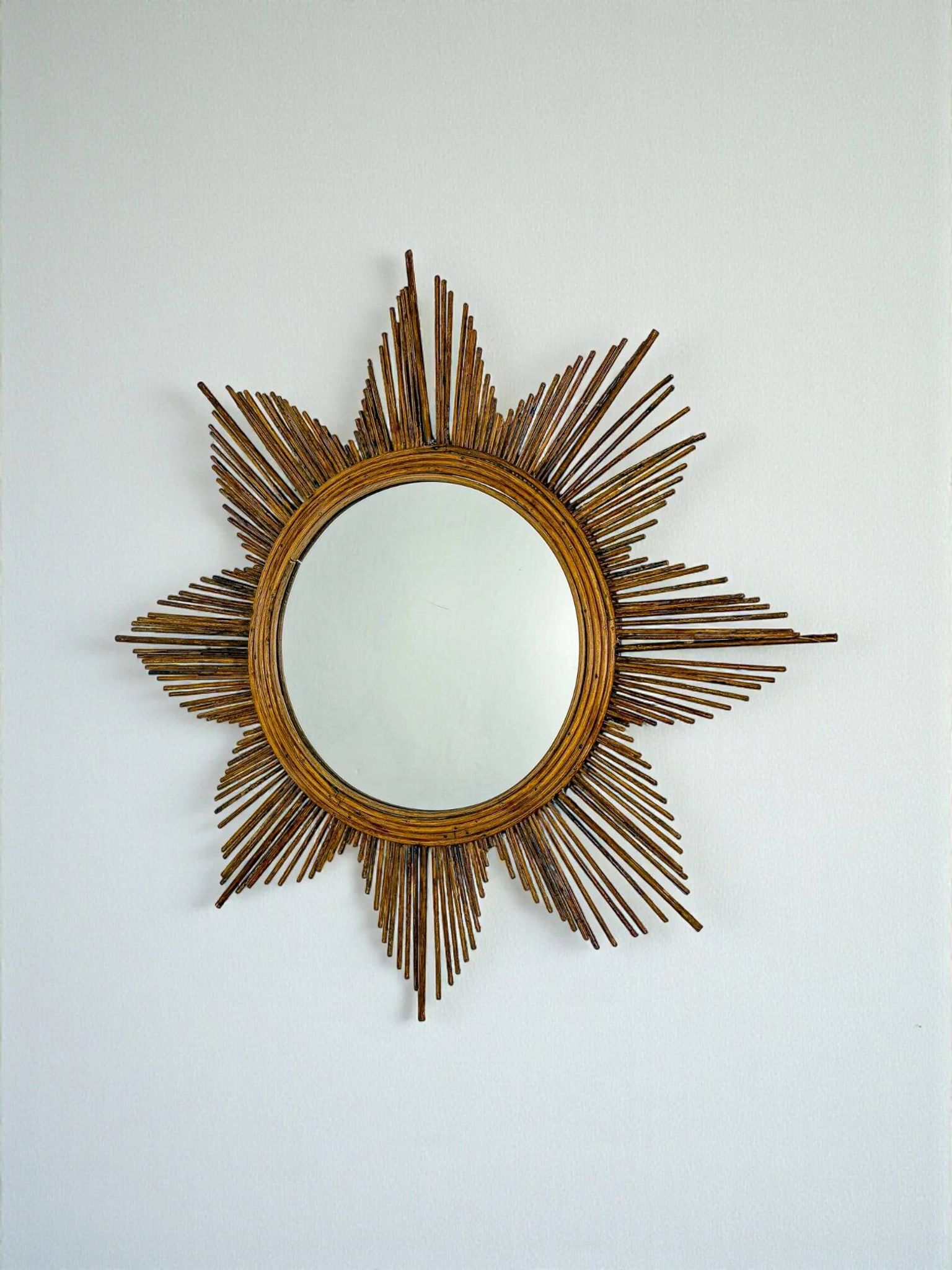 Starburst rattan sunburst mirror, Spain, 1960s