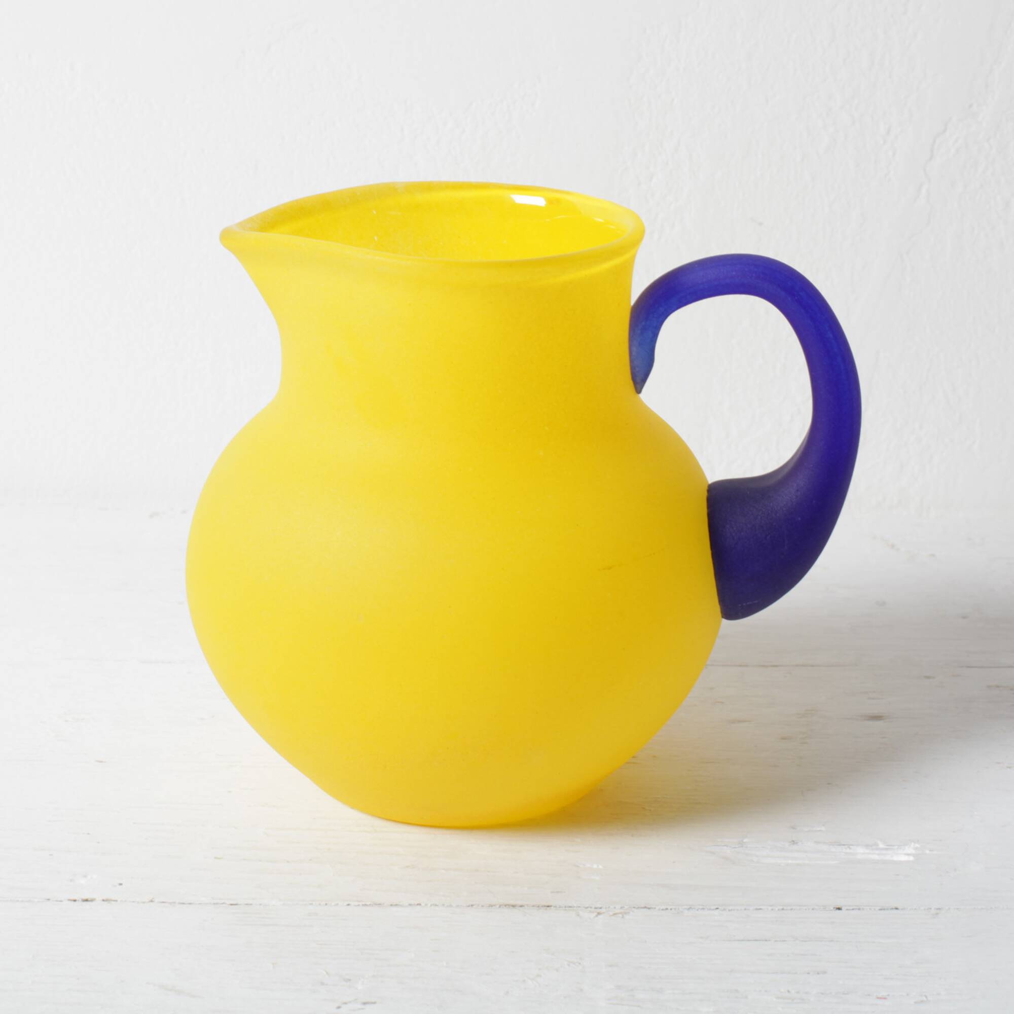 Small Vintage Frosted Glass Yellow and Blue Pitcher / Kosta Boda / Sweden /