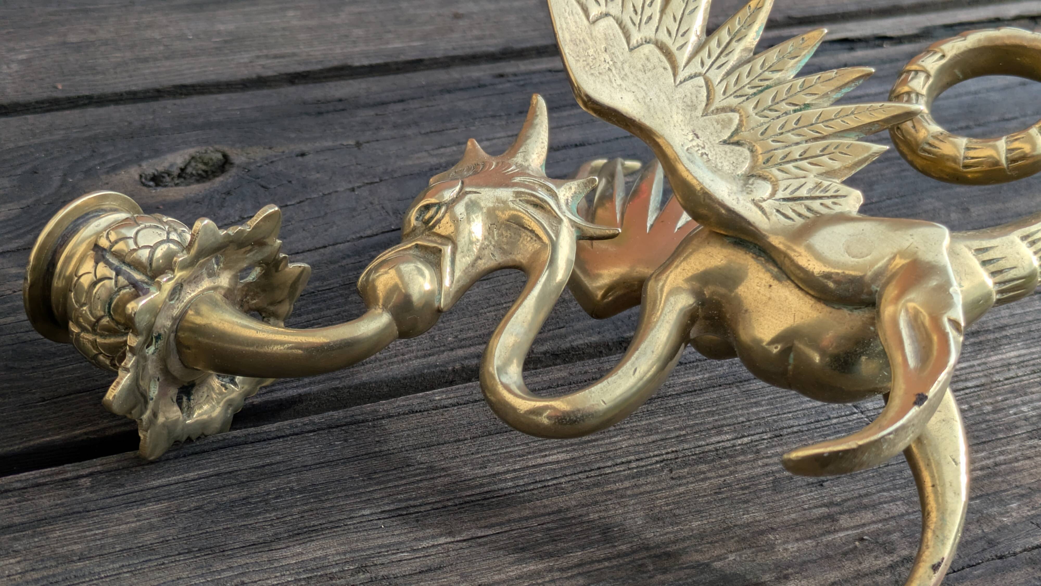 Large Brass Candlestick - Mythological Winged Griffin Dragon - Gothic