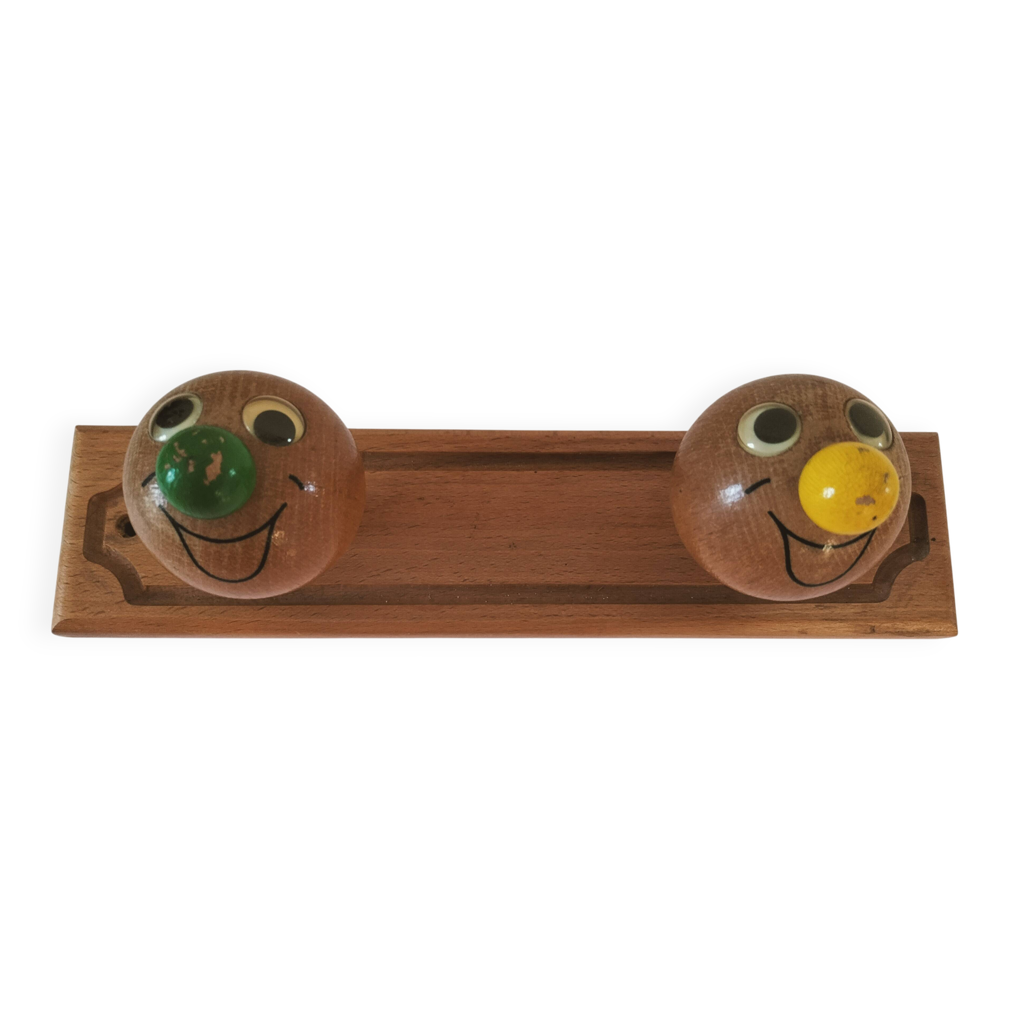 Vintage wooden children's coat rack - smiling heads hooks