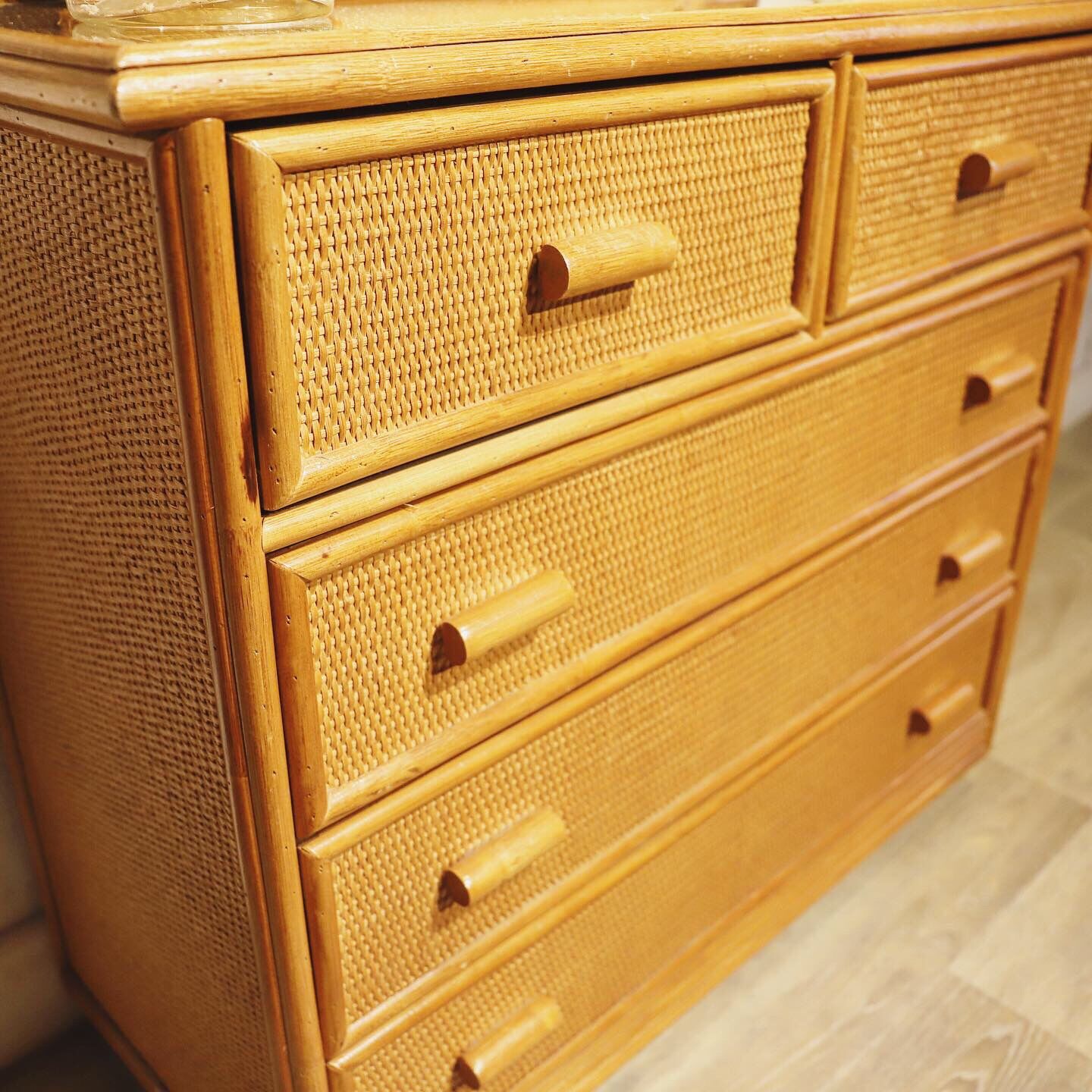 Dresser and its rattan mirror, 1960s