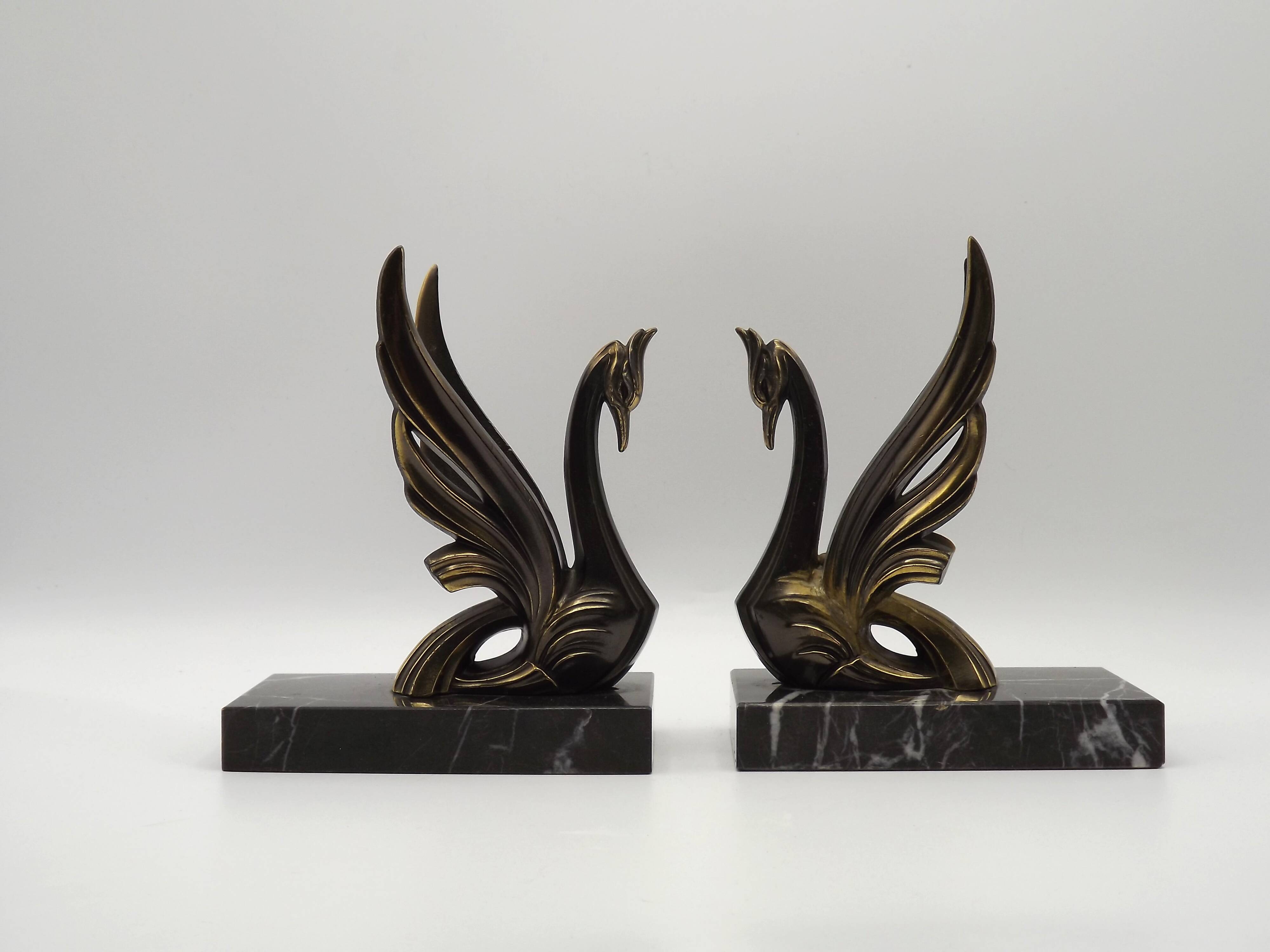 French Art Deco Bronzed Effect Spelter Swan Book Ends Black Marble Base