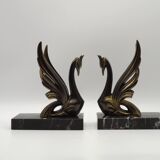 French Art Deco Bronzed Effect Spelter Swan Book Ends Black Marble Base