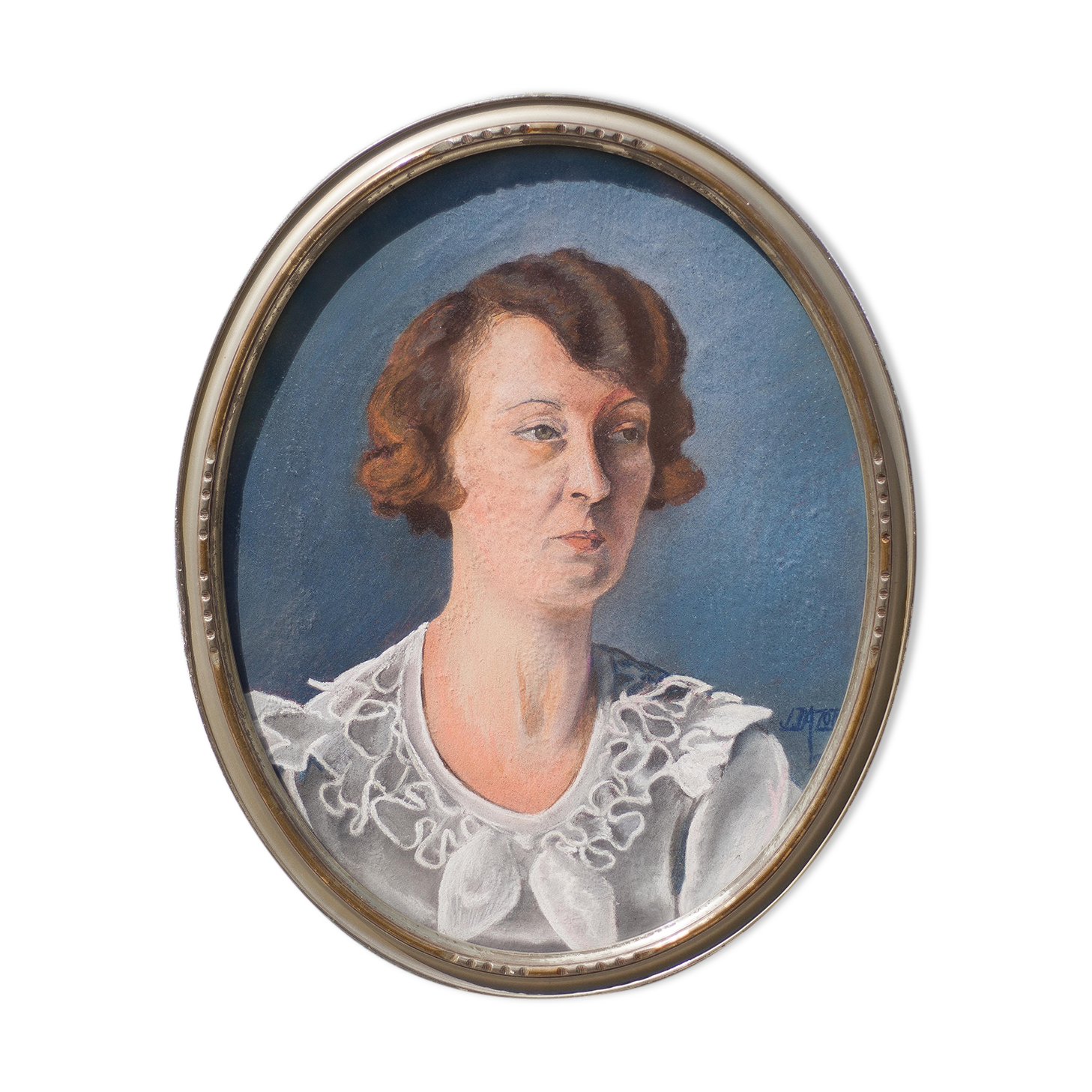 Portrait painted woman signed in oval frame, wall frame, wood frame and painted stucco, vintage frame